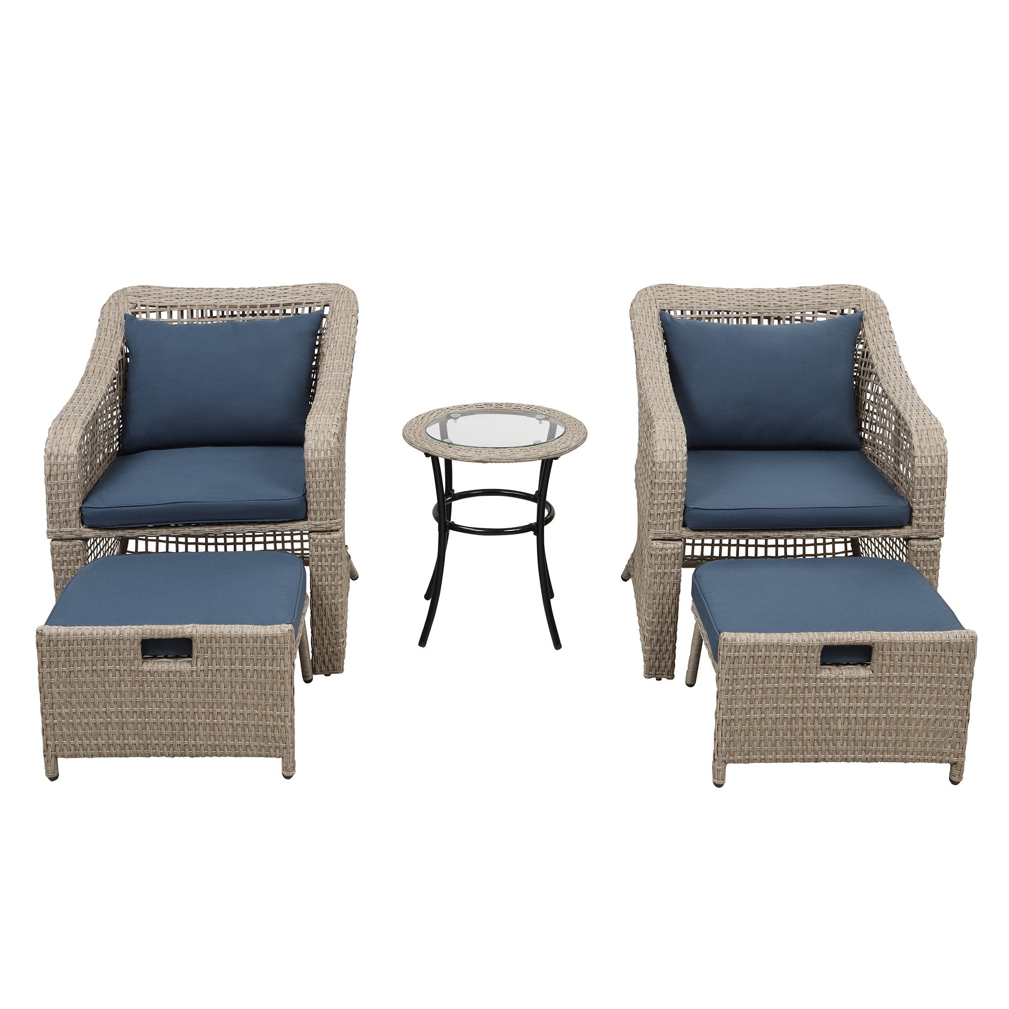 5-piece Outdoor Conversation Set Patio Furniture Set Bistro Set Rattan Wicker Chairs with Stools and Tempered Glass Table-Boyel Living