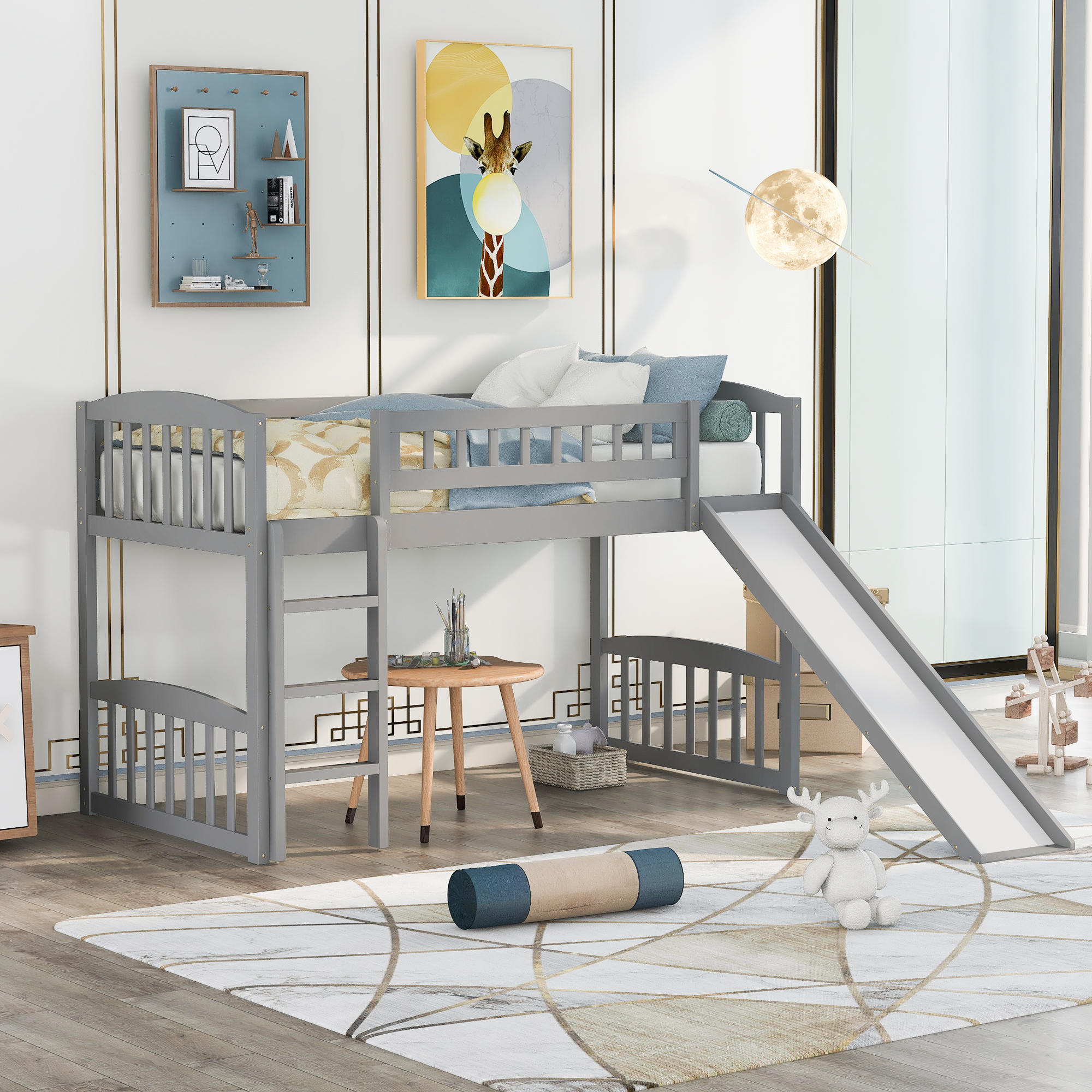 Twin size Loft Bed with Slide and Ladder, Gray-Boyel Living