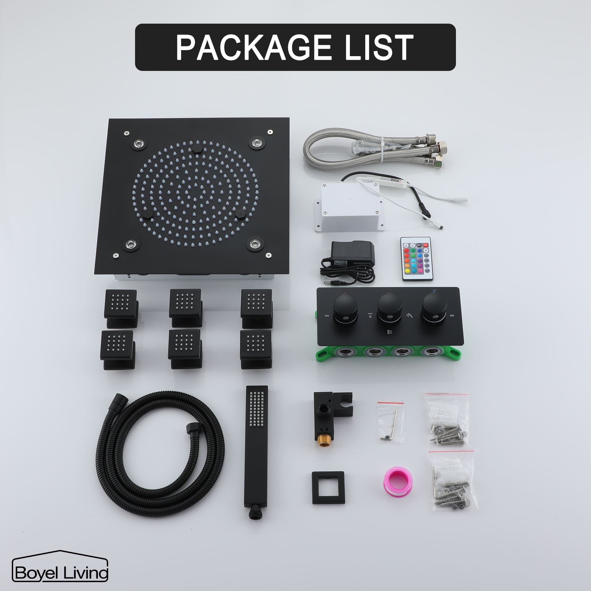 Boyel Living Luxury LED Ceiling Rainfall Shower Head System with Body Jets Bathroom Shower Faucet Complete Set, Flow Adjustable-Boyel Living