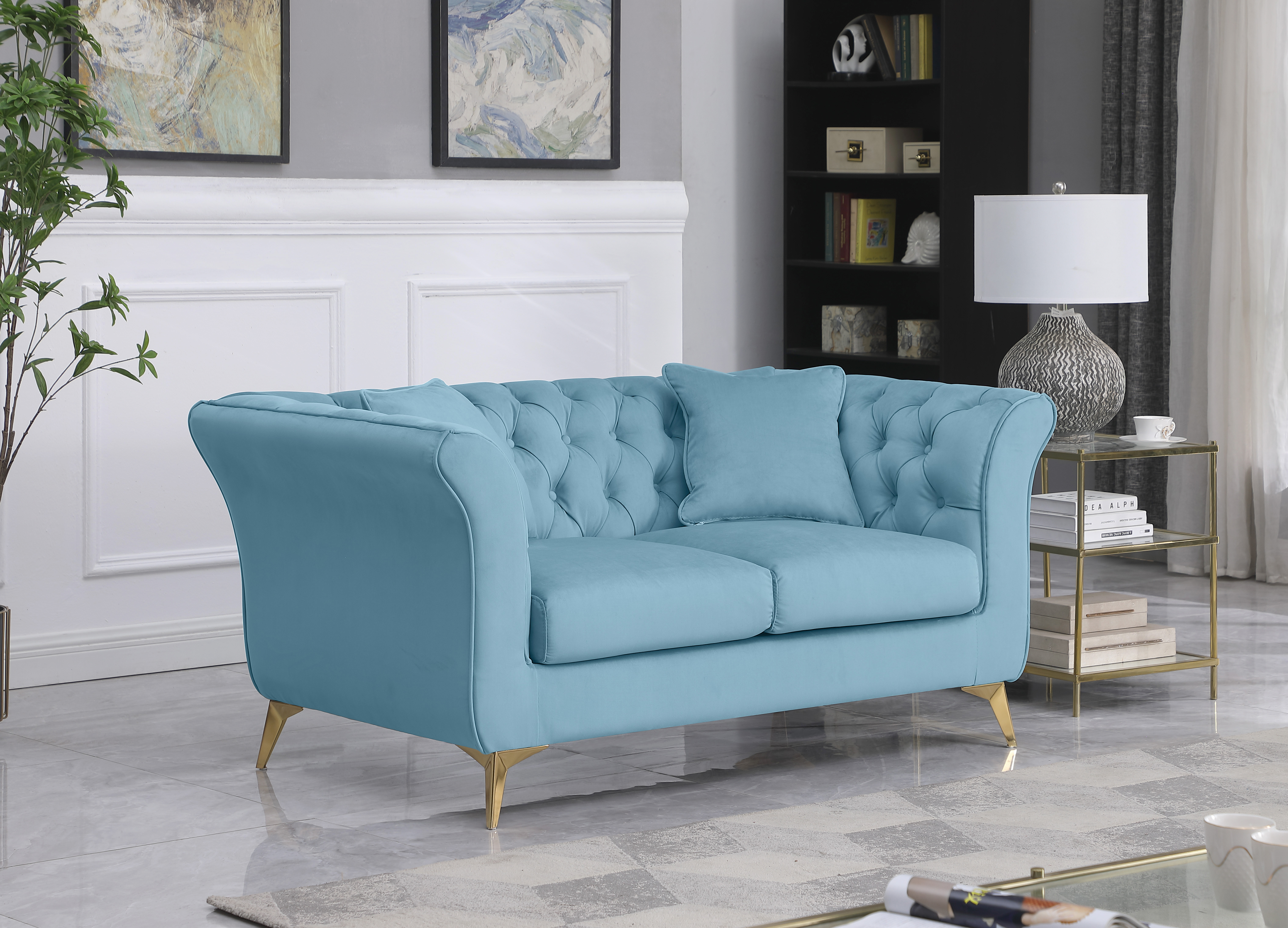 Chesterfield sofa ,Stanford sofa ,  high quality Chesterfield sofa ,Teal blue , tufted and wrinkled fabric  sofa;contemporary Stanford sofa .loverseater; tufted sofa with scroll  arm and scroll back-Boyel Living