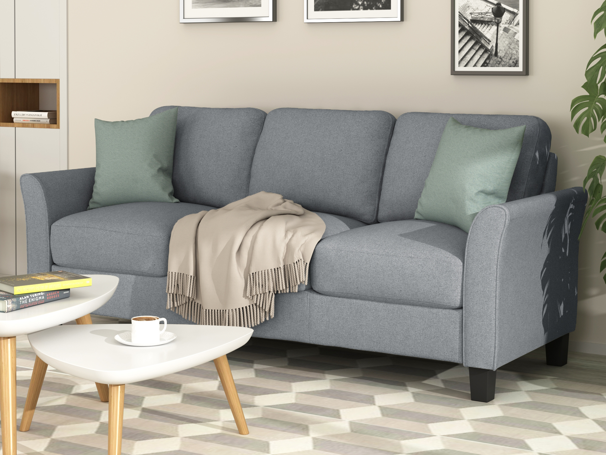 3-Seat Sofa Living Room Linen Fabric Sofa (Gray)-Boyel Living