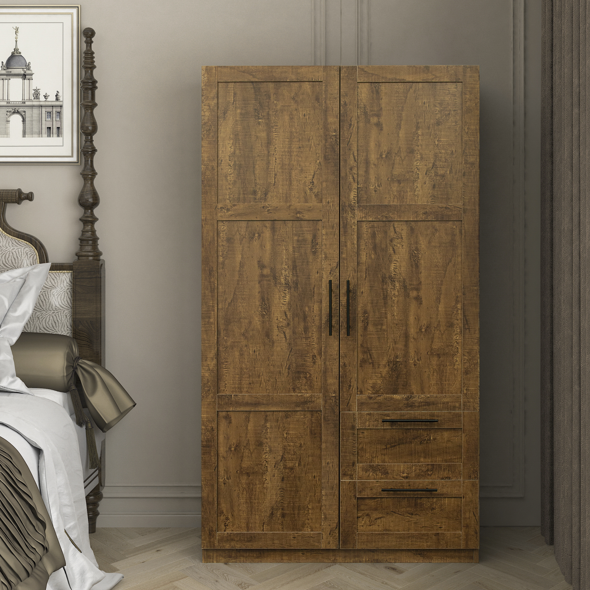 High wardrobe and kitchen cabinet with 2 doors, 2 drawers and 5 storage spaces,walnut-Boyel Living