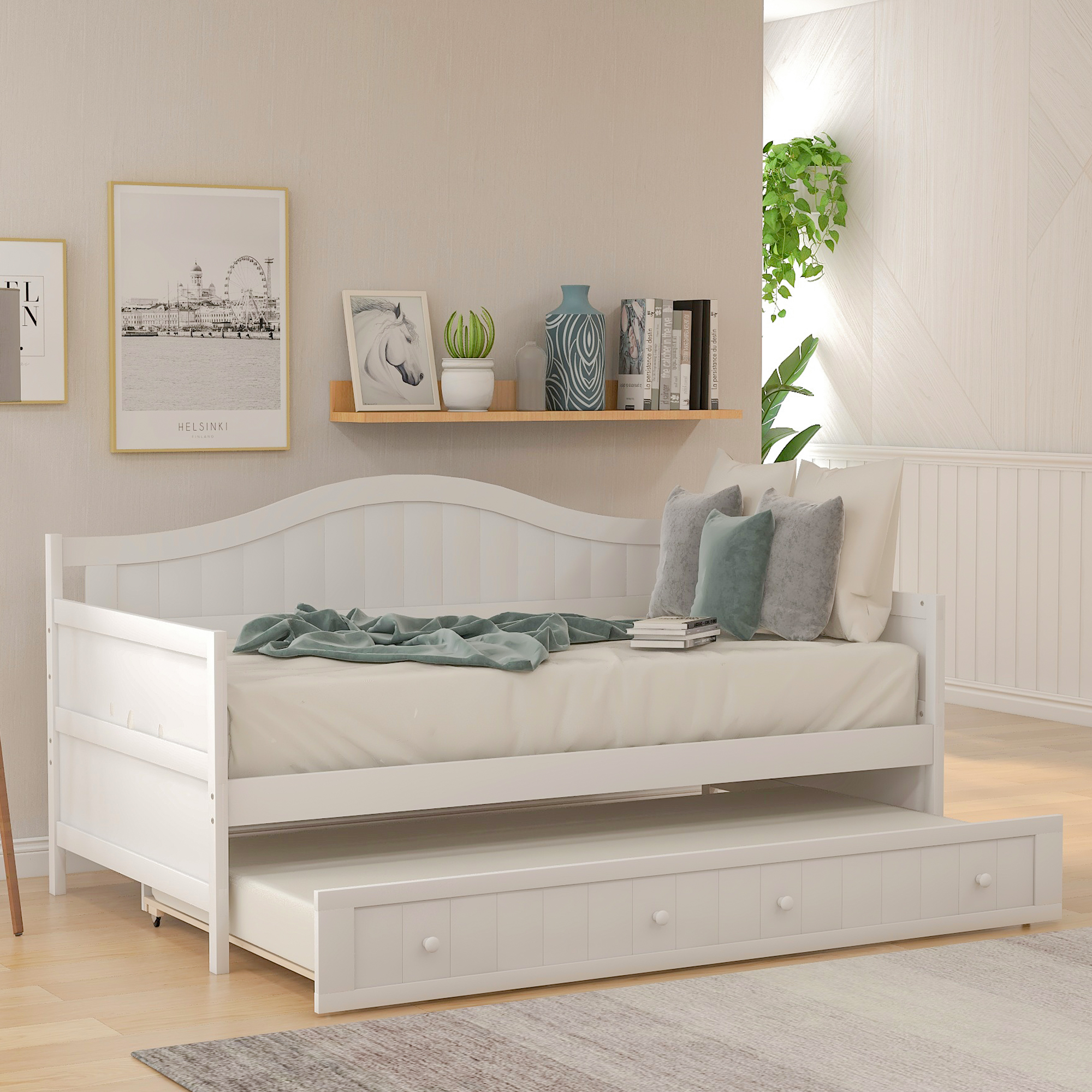 Twin Wooden Daybed with Trundle Bed,&nbsp;Sofa Bed for Bedroom Living Room,White-Boyel Living