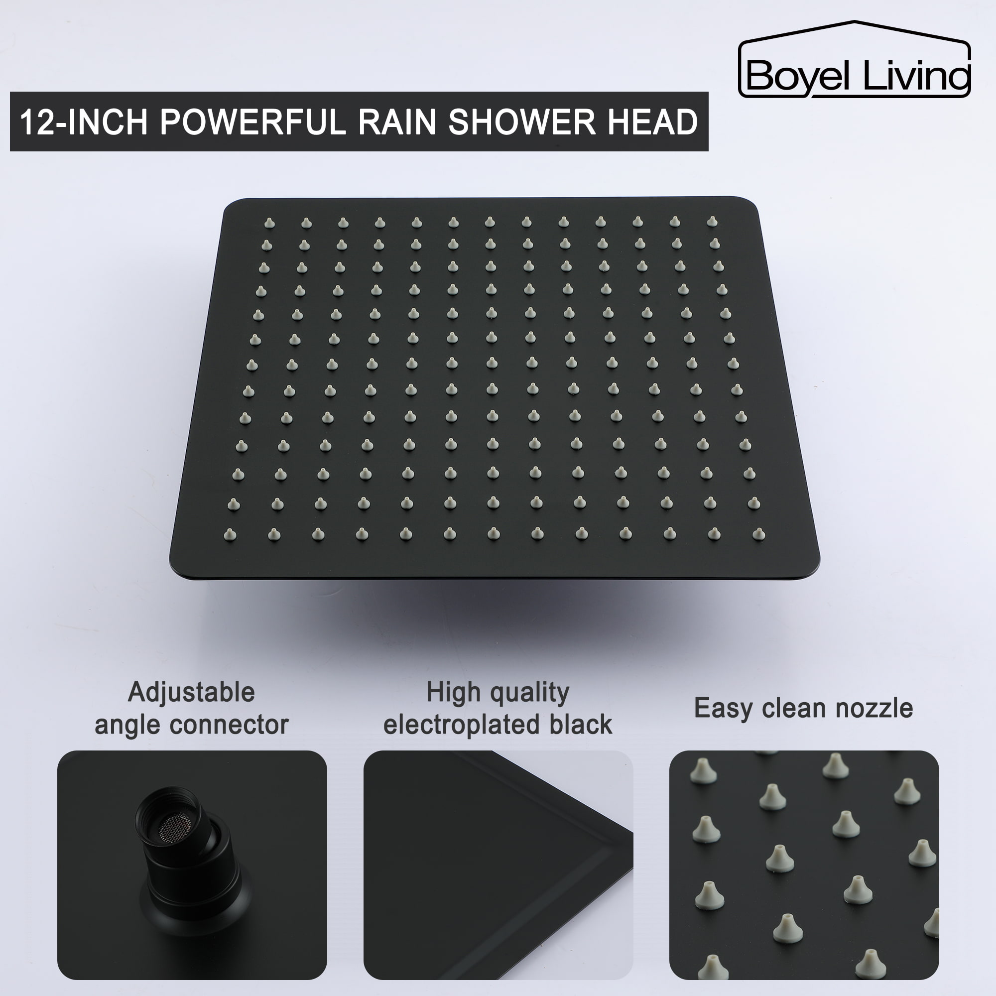 Dual Shower Head System Combo Set with 12 Inches Square Rain Shower Head and Easy Clean Nozzle-Boyel Living