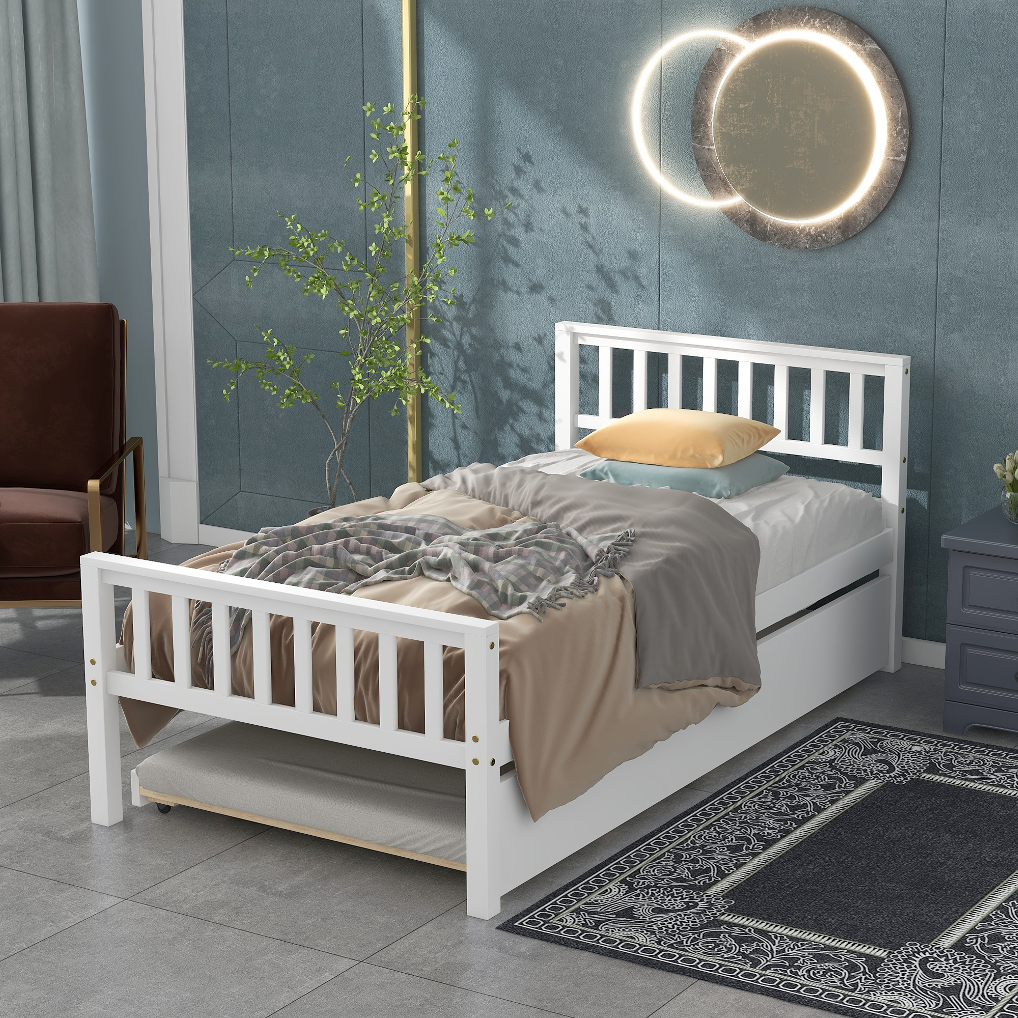 Twin Bed with Trundle, Platform Bed Frame with Headboard and Footboard, for Bedroom Small Living Space,No Box Spring Needed，White-Boyel Living