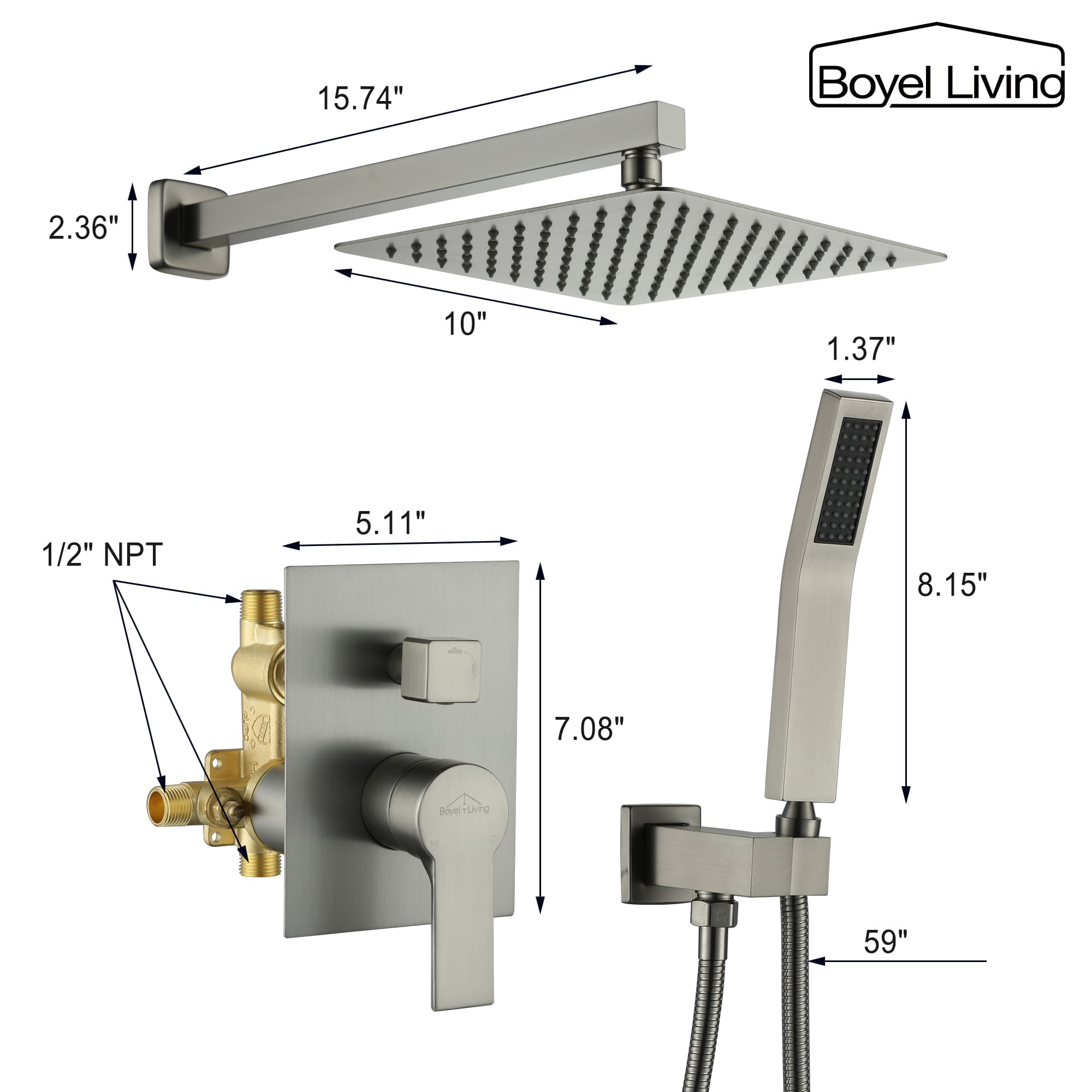 Boyel Living Wall Mount Rainfall Complete Shower System in Brushed Nickel, 10/12 in. -Boyel Living