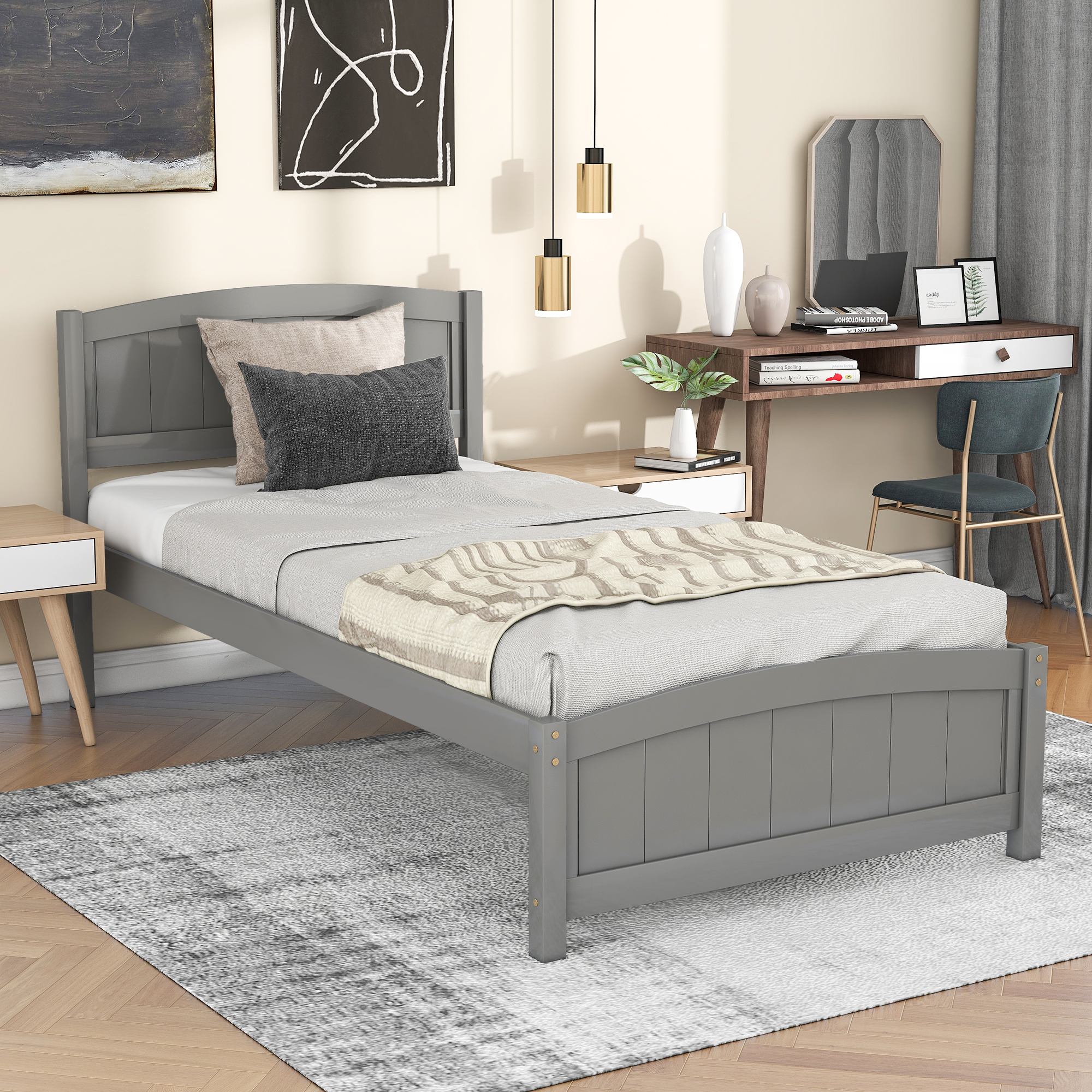 Wood Platform Bed with Headboard,Footboard and Wood Slat Support, Gray-Boyel Living