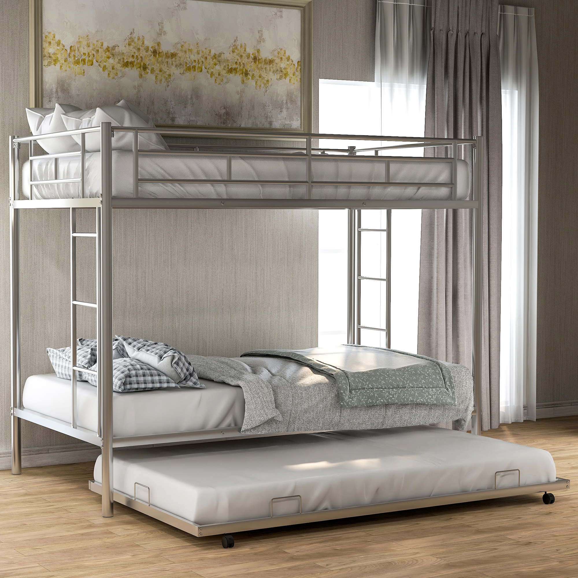 Twin over Twin Bunk Bed with Trundle, Silver(OLD SKU:MF192387AAN)-Boyel Living