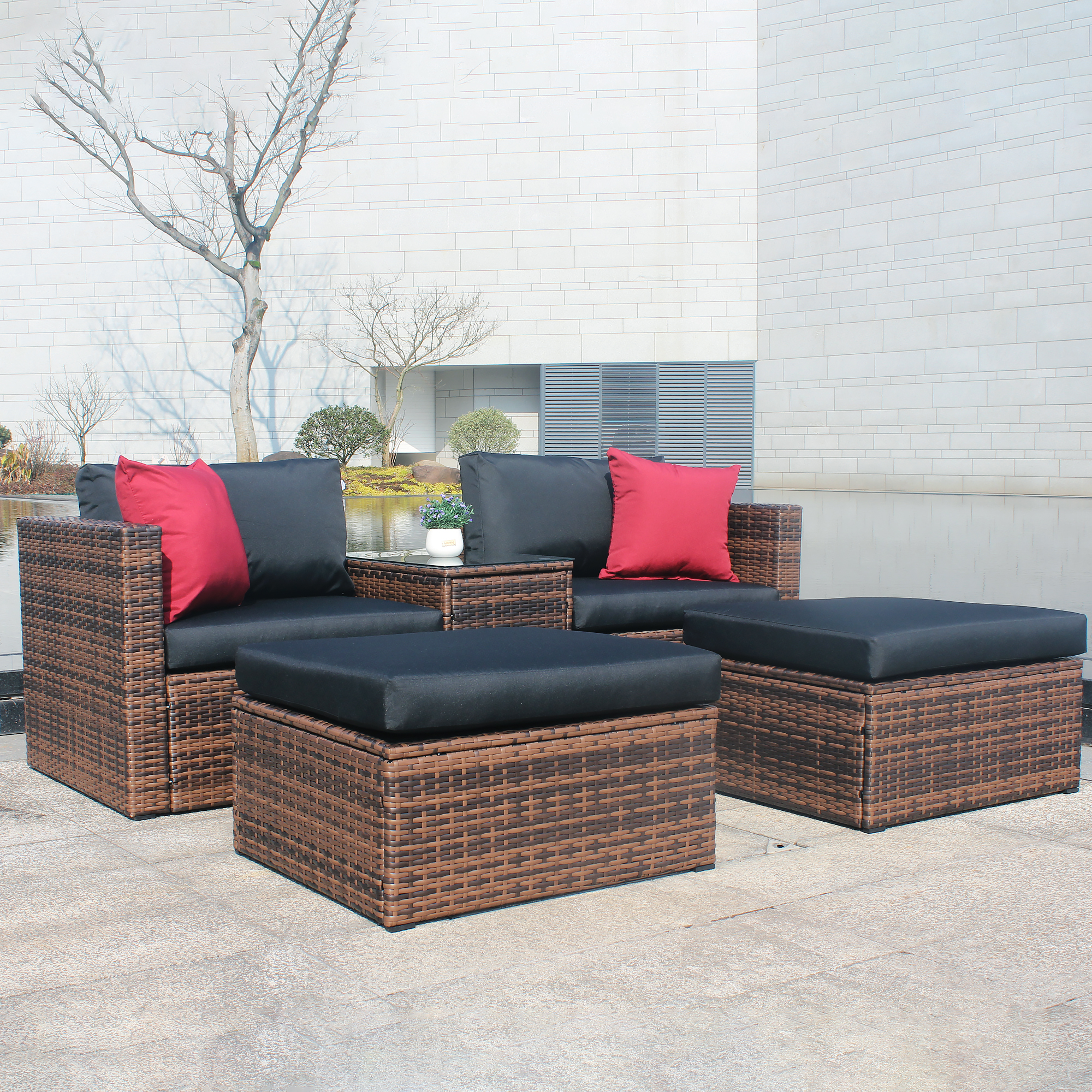 5 Pieces Outdoor Patio Garden Brown Wicker Sectional Conversation Sofa Set with Black Cushions and Red Pillows,w/ Furniture Protection Cover-Boyel Living