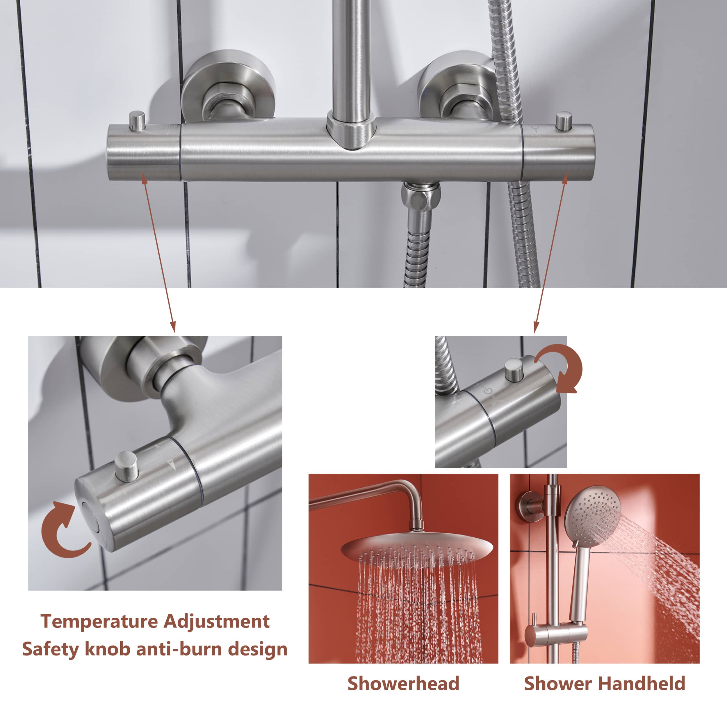 2 Function Wall Mount Round Thermostatic Rain Shower System in Brushed Nickel-Boyel Living
