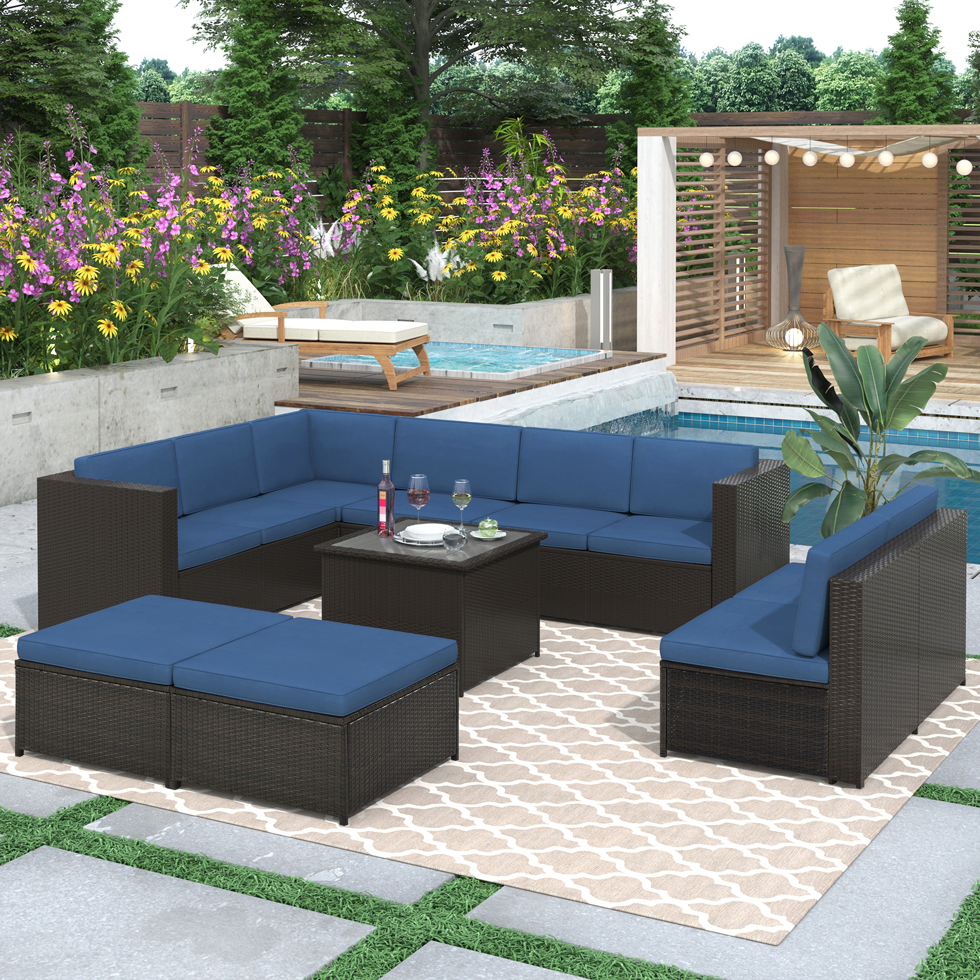 9 Piece Rattan Sectional Seating Group with Cushions and Ottoman, Patio Furniture Sets, Outdoor Wicker Sectional-Boyel Living