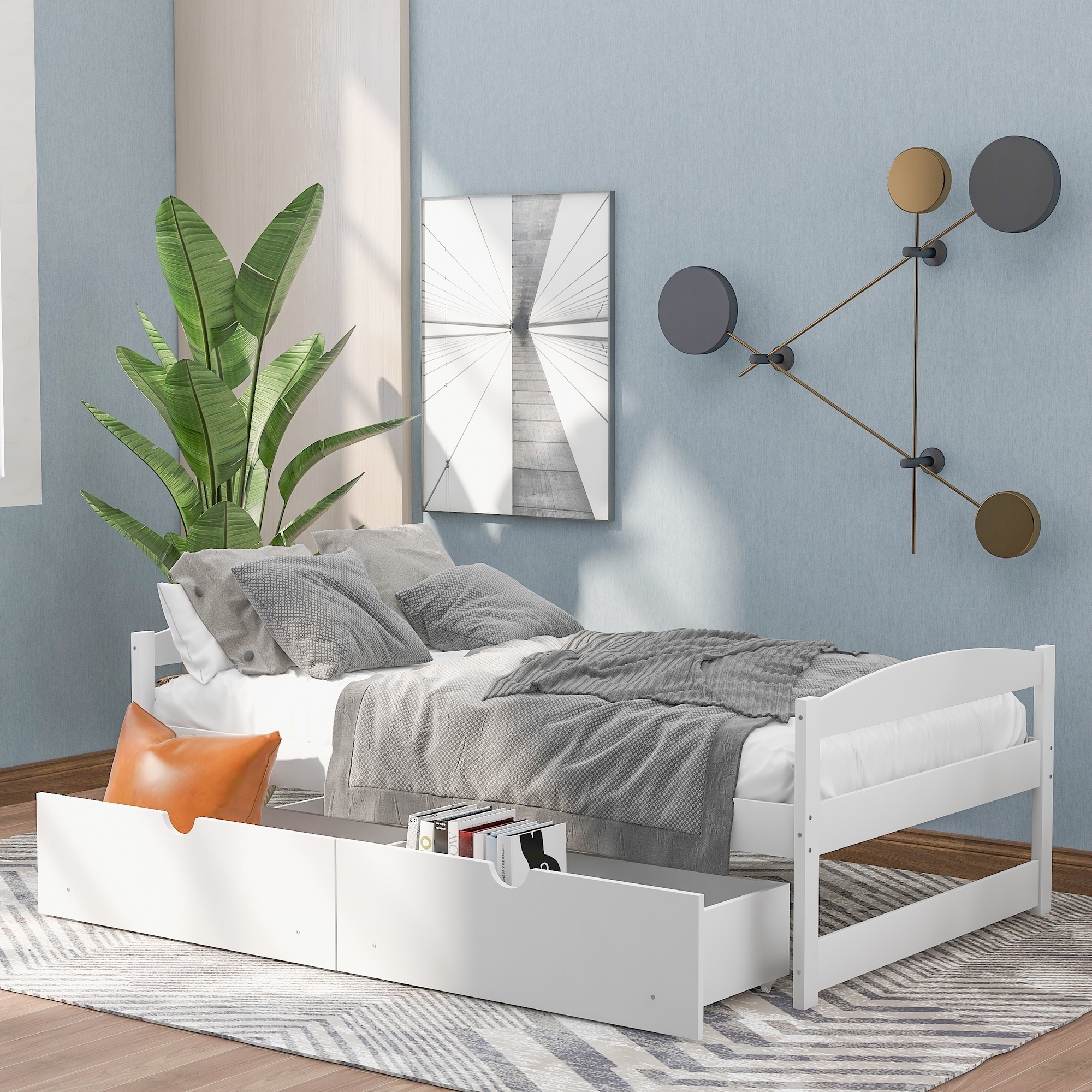 Twin size platform bed, with two drawers, white（New）-Boyel Living