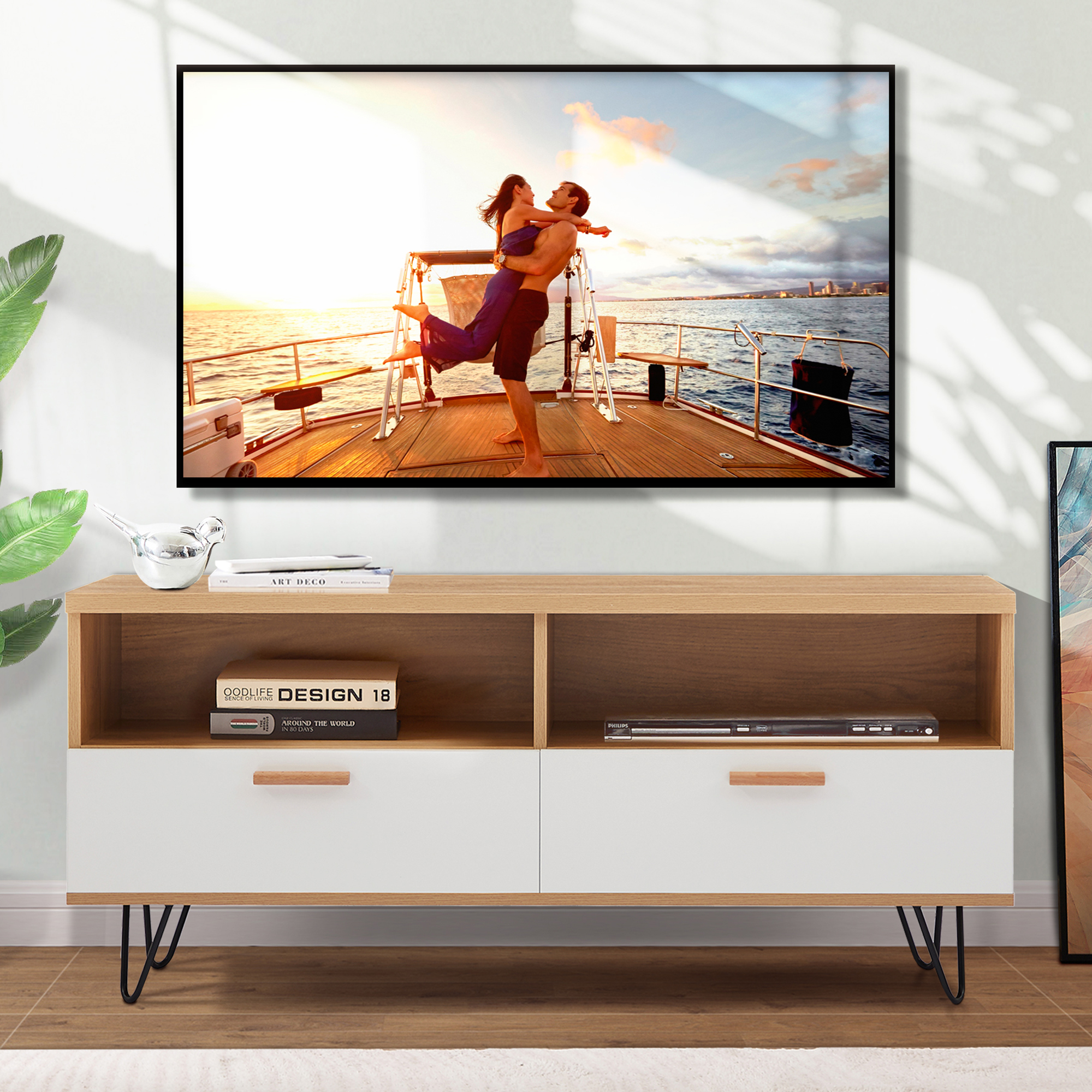 15 minutes quick assemble WOOD+WHITE morden TV Stand,high quality table top and wood grain color TV Cabinet,can be assembled in Lounge Room, Living Room or Bedroom,color:WHITE+WOOD-Boyel Living