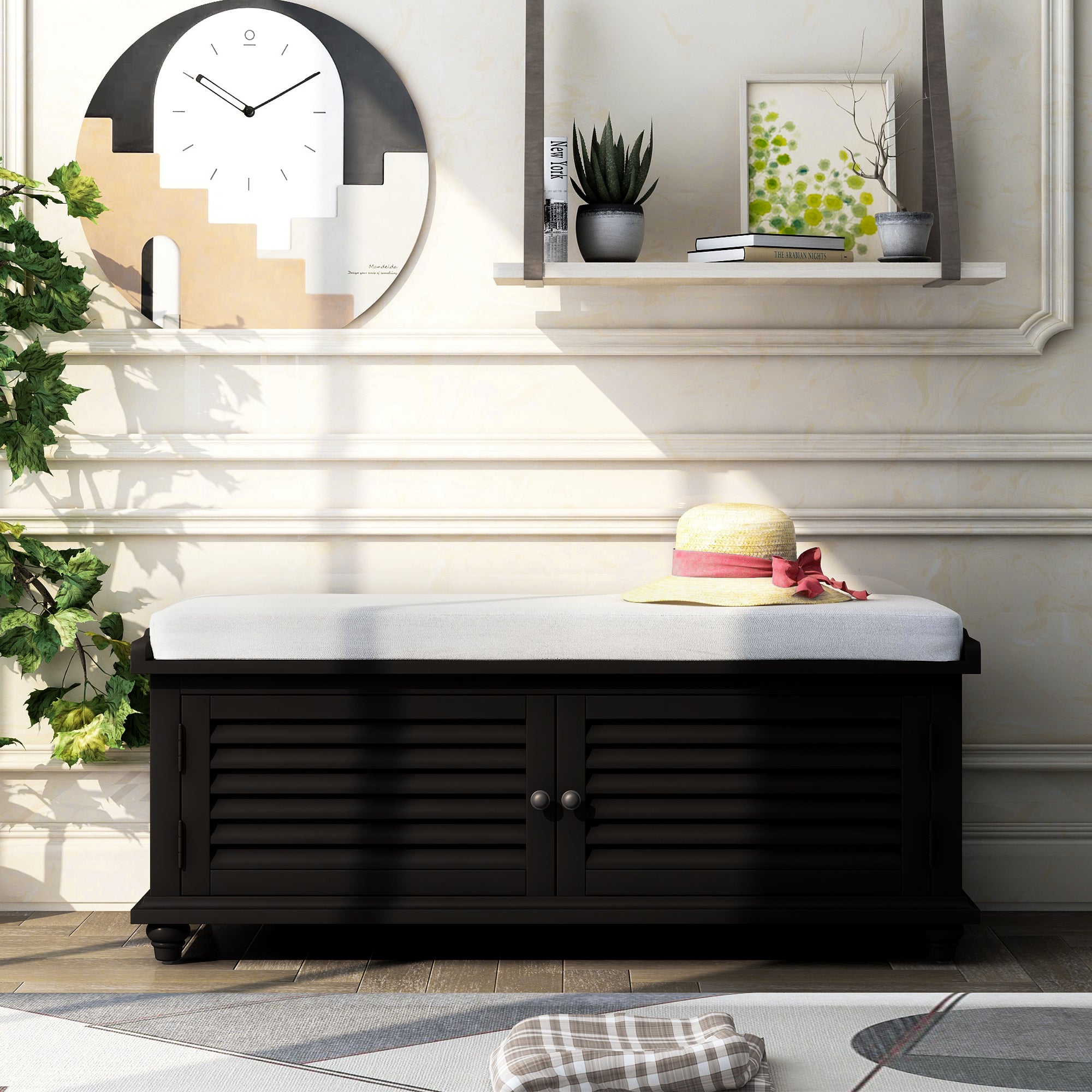 Storage Bench with Removable Cushion, Louver Design Wooden Shoe Bench-Boyel Living