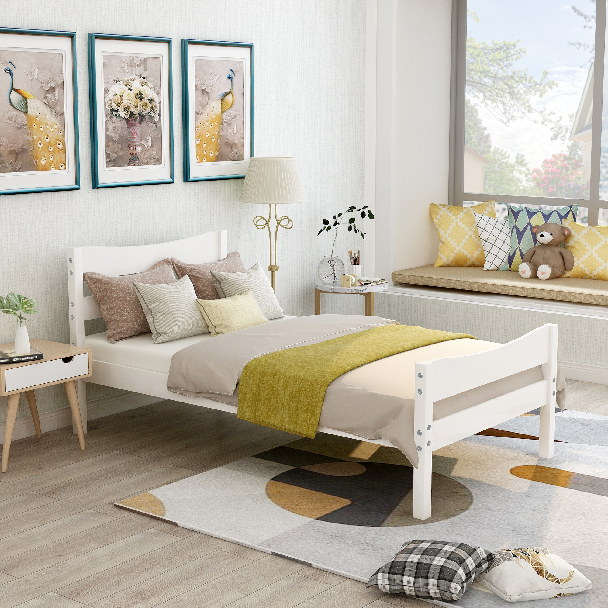 【Not allowed to sell to Walmart】Twin Size Wood Platform Bed with Headboard and Wooden Slat Support (White)-Boyel Living