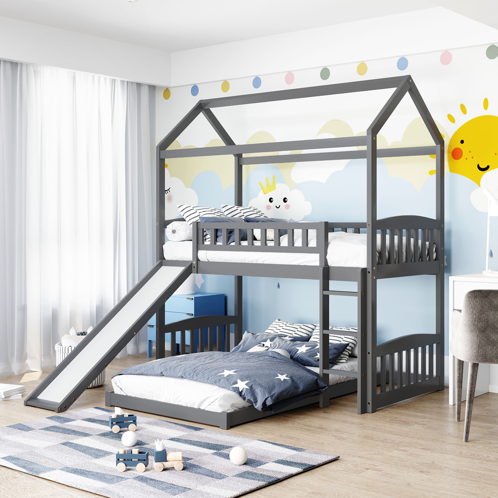 Twin Over Twin Bunk Bed with Slide, House Bed with Slide, Gray-Boyel Living