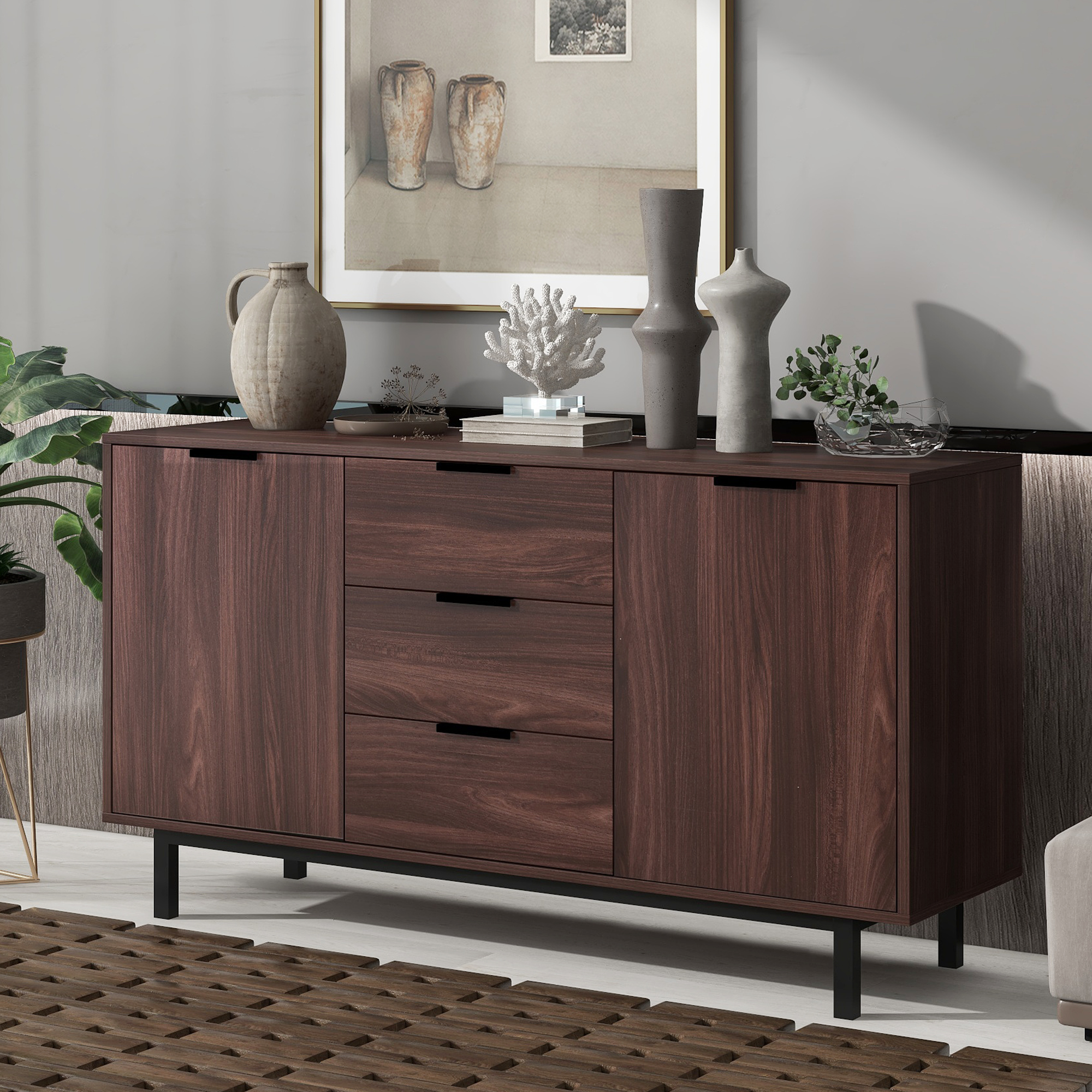 Contemporary Style Sideboard Particleboard with Wood Grain Stickers Large Storage Space (Brown)-Boyel Living