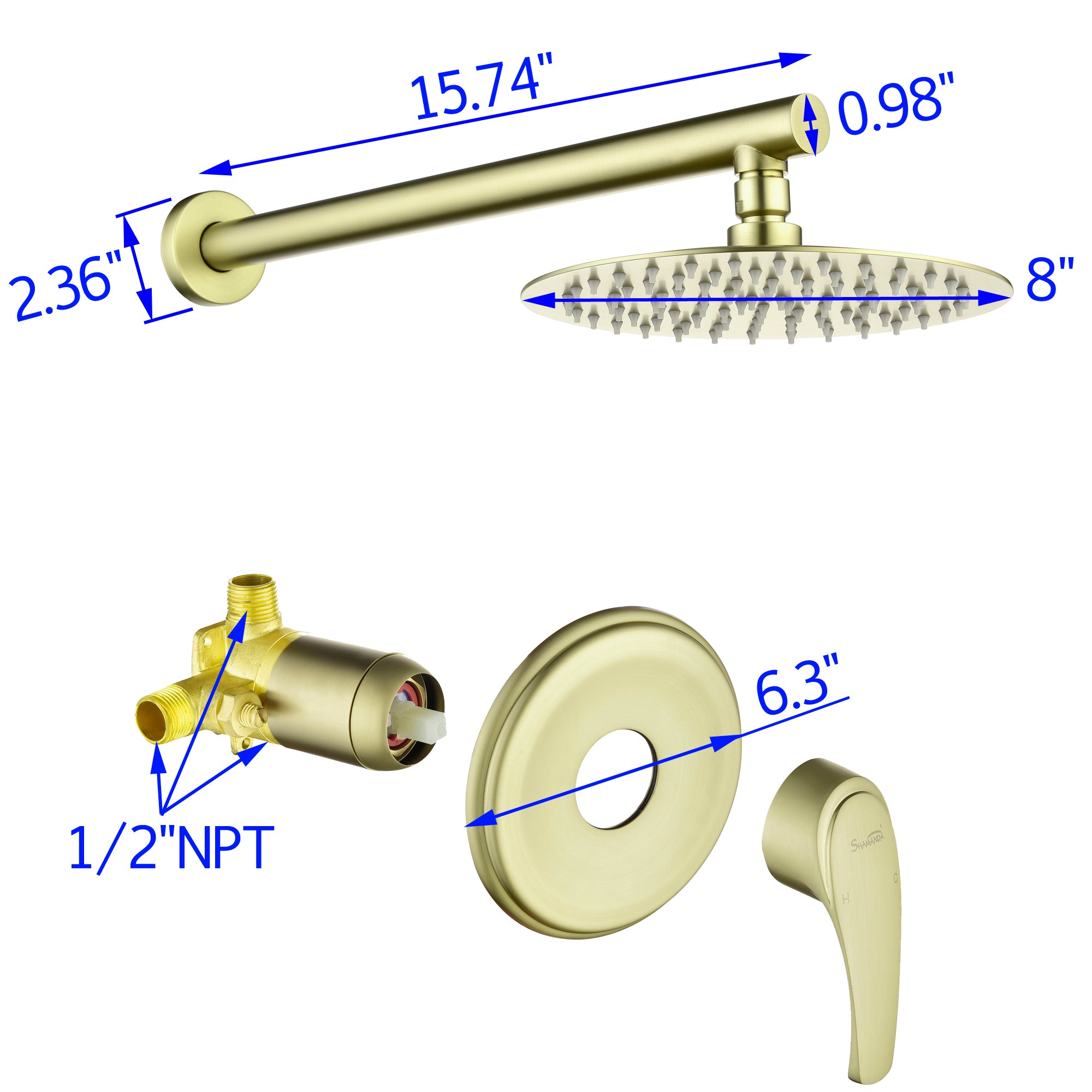Boyel Living 1-Spray Patterns with 2.5 GPM 8 in. Wall Mount Rain Fixed Shower Head with Single Lever Handle and Valve in Brushed Gold-Boyel Living
