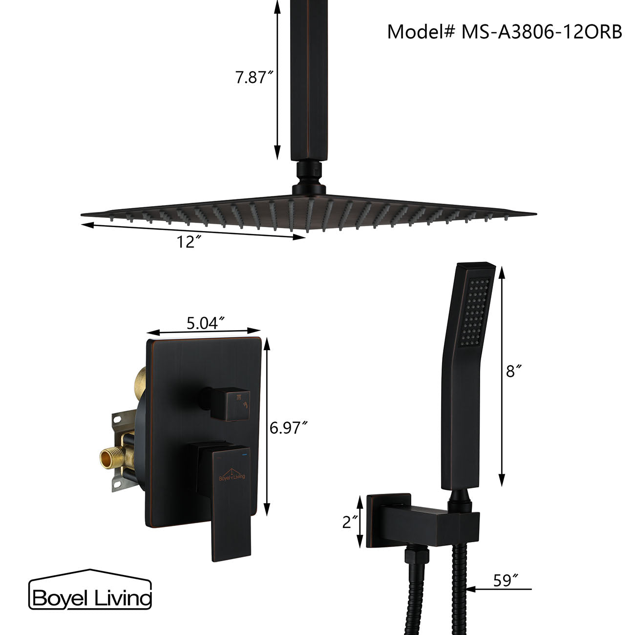 Boyel Living 1-Spray Patterns with 2.5 GPM Ceiling Mount Dual Shower Heads and Handheld Shower in Oil Rubbed Bronze, 10/12/16 in.-Boyel Living