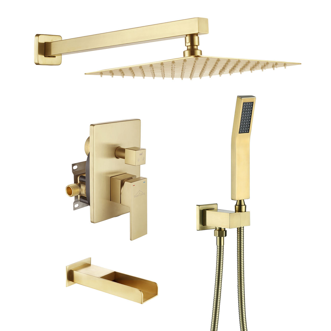 Brushed Gold Wall Mount 10 in. Shower System with Tub Spout and Handheld-Boyel Living