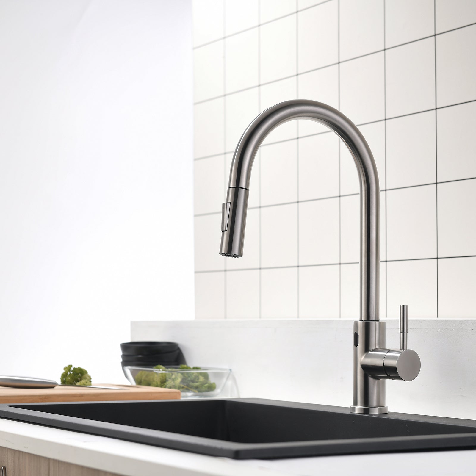 Single-Handle Touchless Pull-Out Sprayer Kitchen Faucet with Water Supply Lines in Brushed Nickel( Deckplate and Batteries Not Included )-Boyel Living