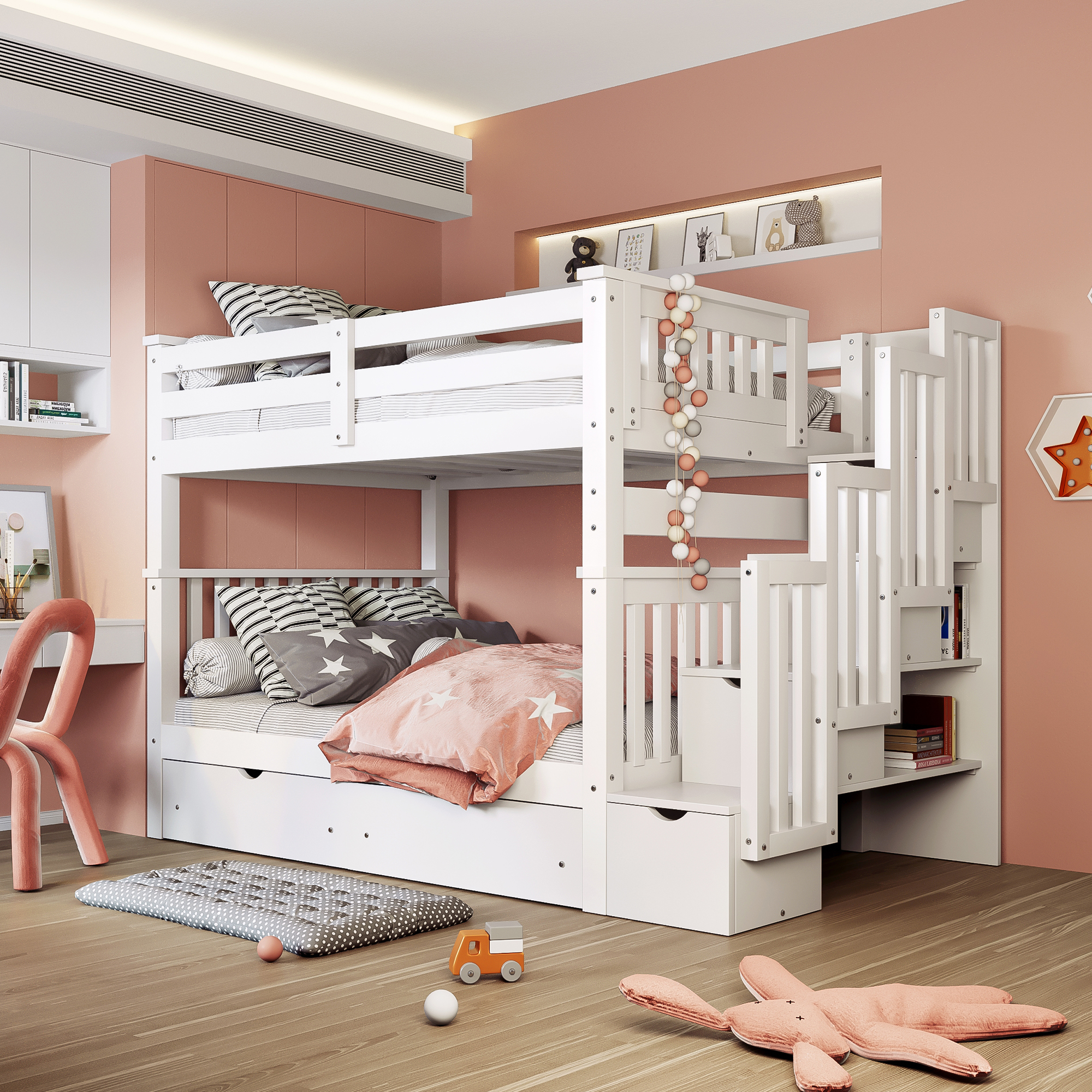 Full Over Full Bunk Bed with Shelves and 6 Storage Drawers, White-Boyel Living