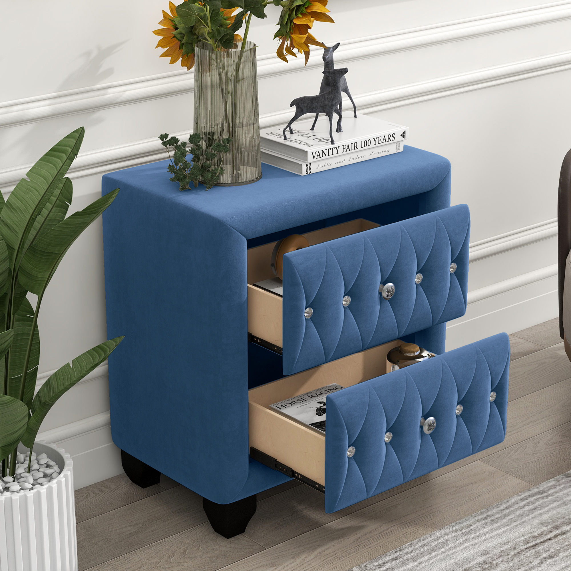 Bedroom Upholstery Nightstand with Two Drawers,Blue-Boyel Living