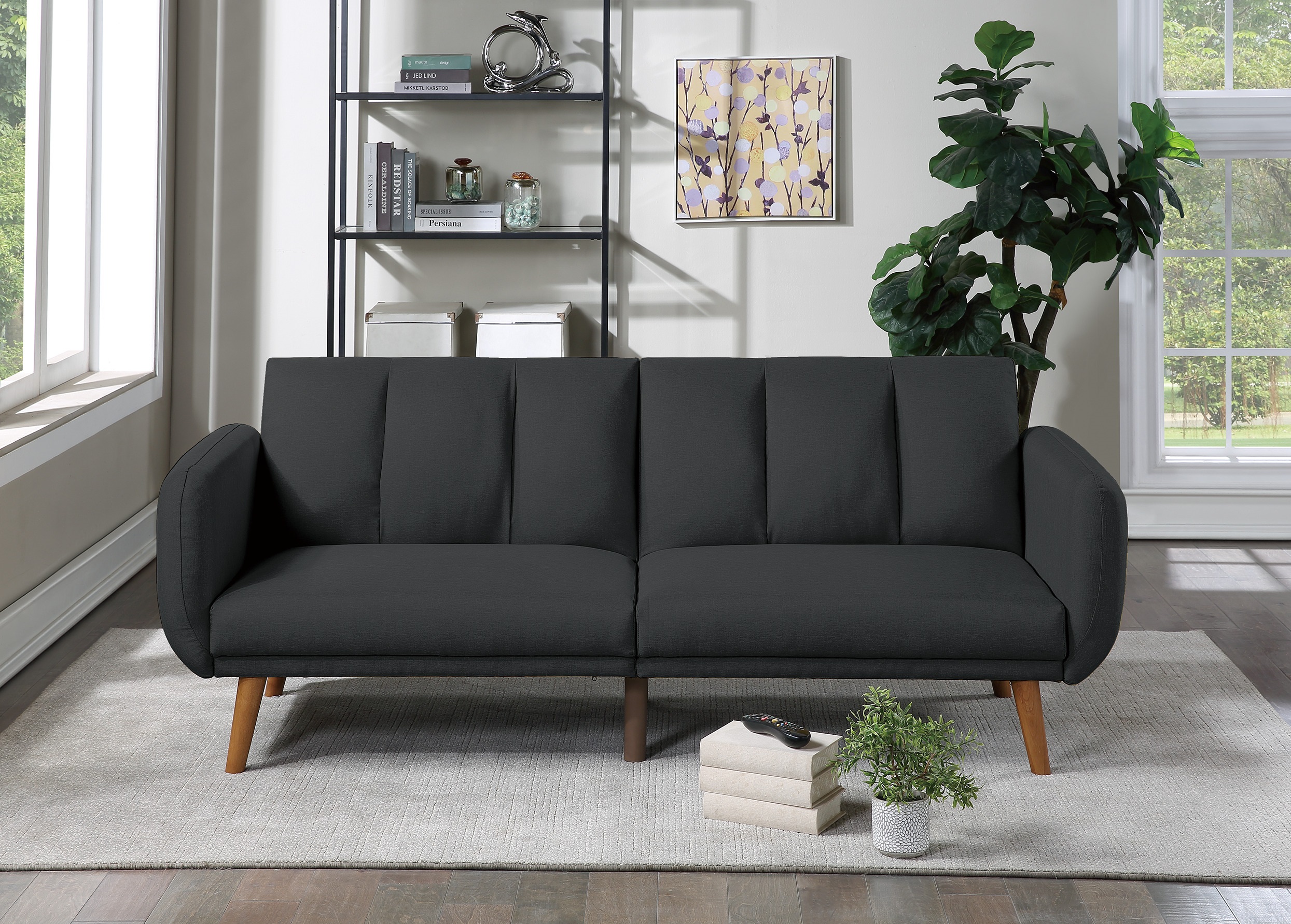 Elegant Modern Sofa Black Polyfiber 1pc Sofa Convertible Bed Wooden Legs Living Room Lounge Guest Furniture-Boyel Living