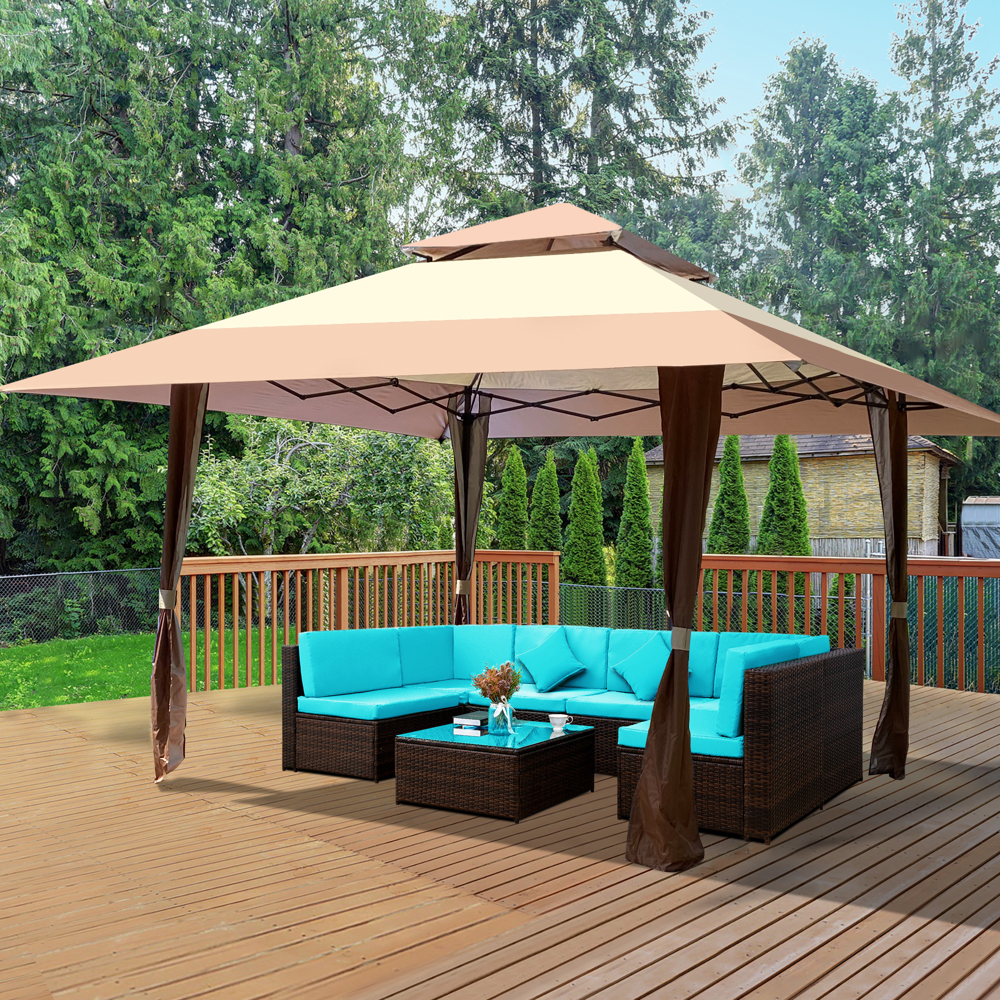 Outdoor 13x13 Ft Canopy,Patio Pop-up Gazebo Canopy Tent With Corner Curtain,Suitable For Backyard, Party,Camping,Coffee-Boyel Living