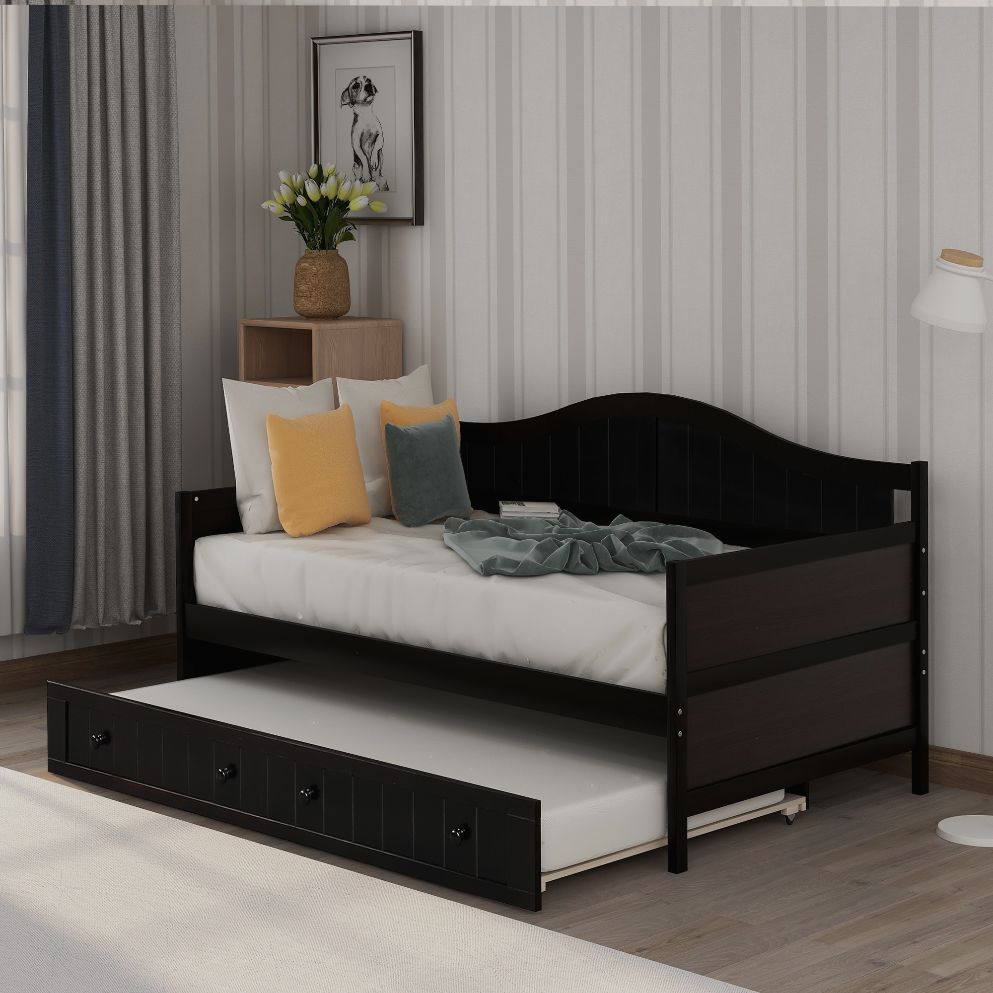 Twin Wooden Daybed with Trundle Bed,&nbsp;Sofa Bed for Bedroom Living Room, Espresso-Boyel Living