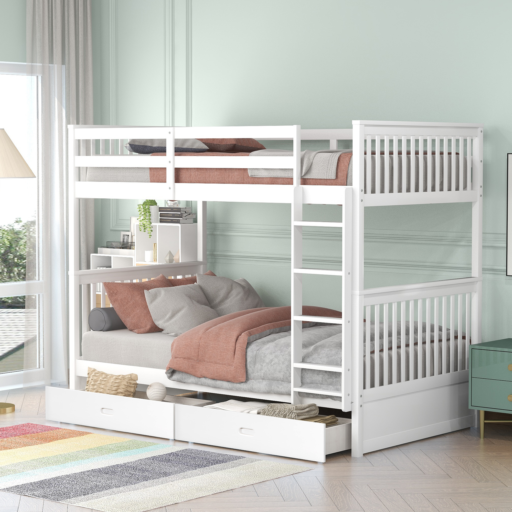 Twin-Over-Twin Bunk Bed with Ladders and Two Storage Drawers (White)-Boyel Living