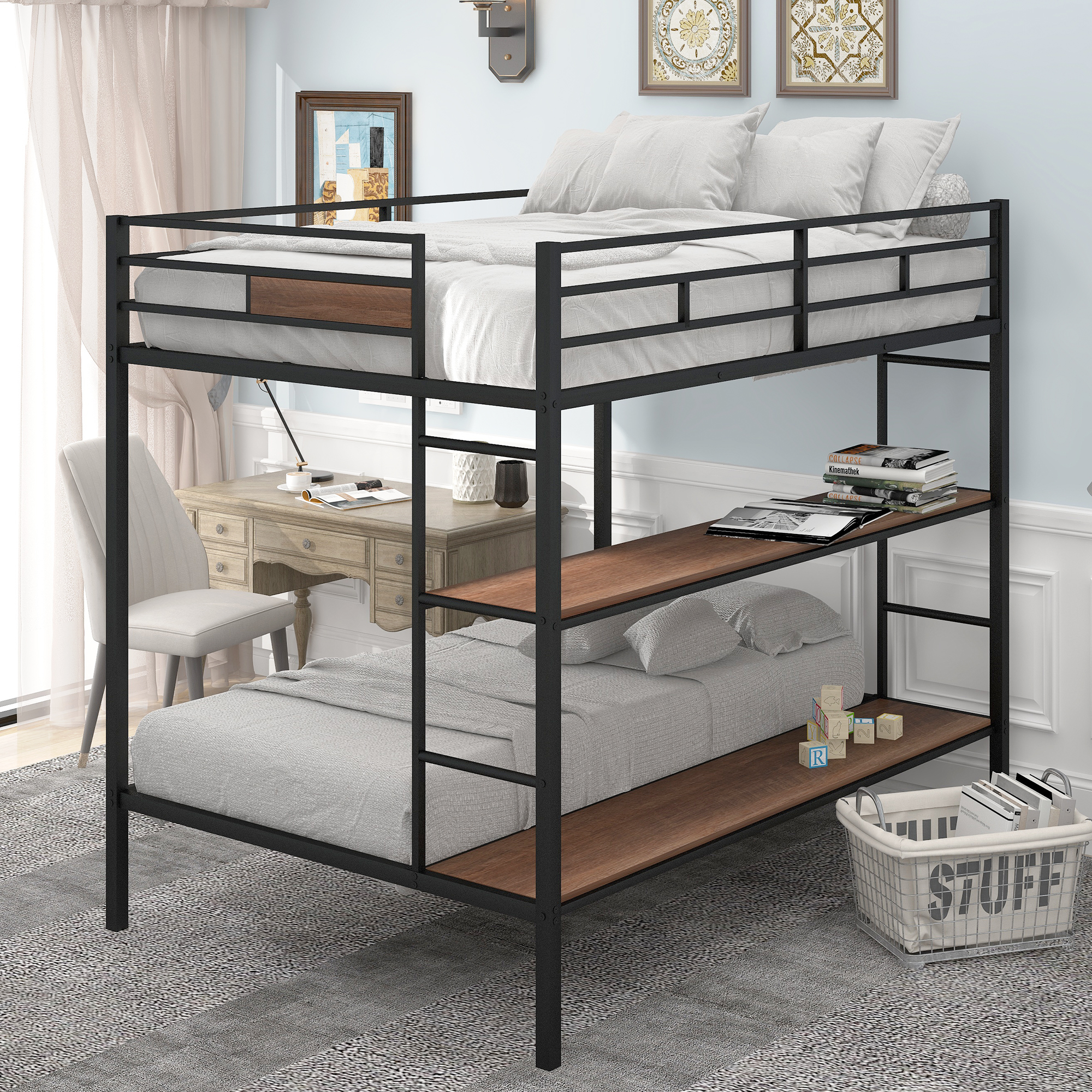 Full over Twin/ Full Metal Bunk Bed with Shelves-Boyel Living