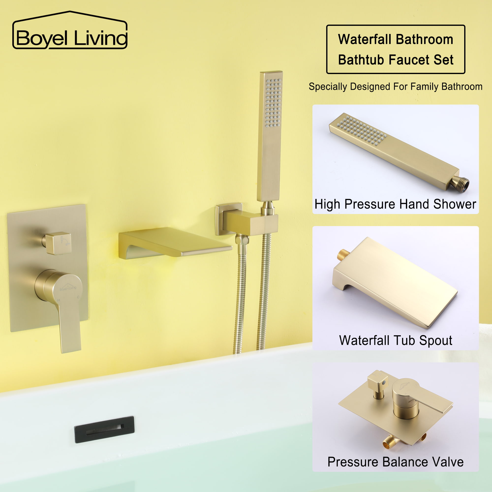 Single-Handle Wall Mounted Roman Bathtub Faucet with Hand Shower-Boyel Living