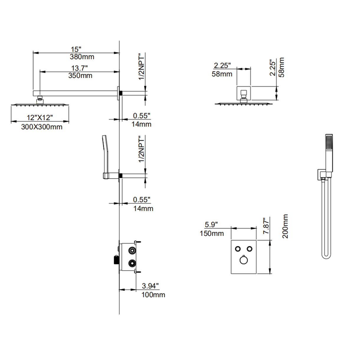 Thermostatic 12 in. Wall Mount Dual Shower Heads Shower System with Handheld in Matte Black-Boyel Living