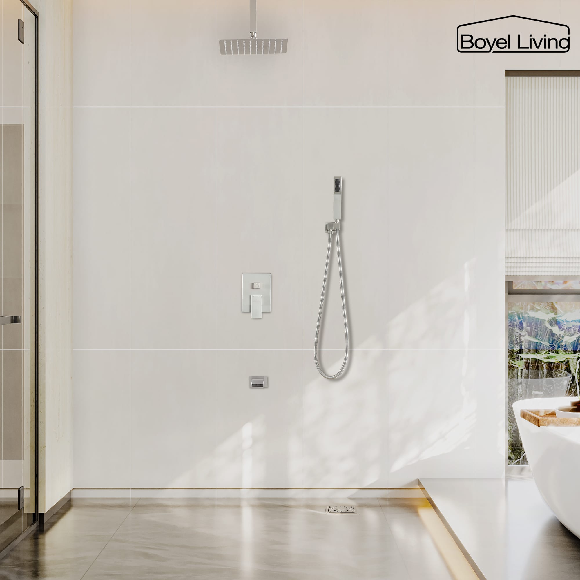 Boyel Living Ceiling Mounted Rain Shower Head Set Shower System with Hand Shower and Tub Spout-Boyel Living