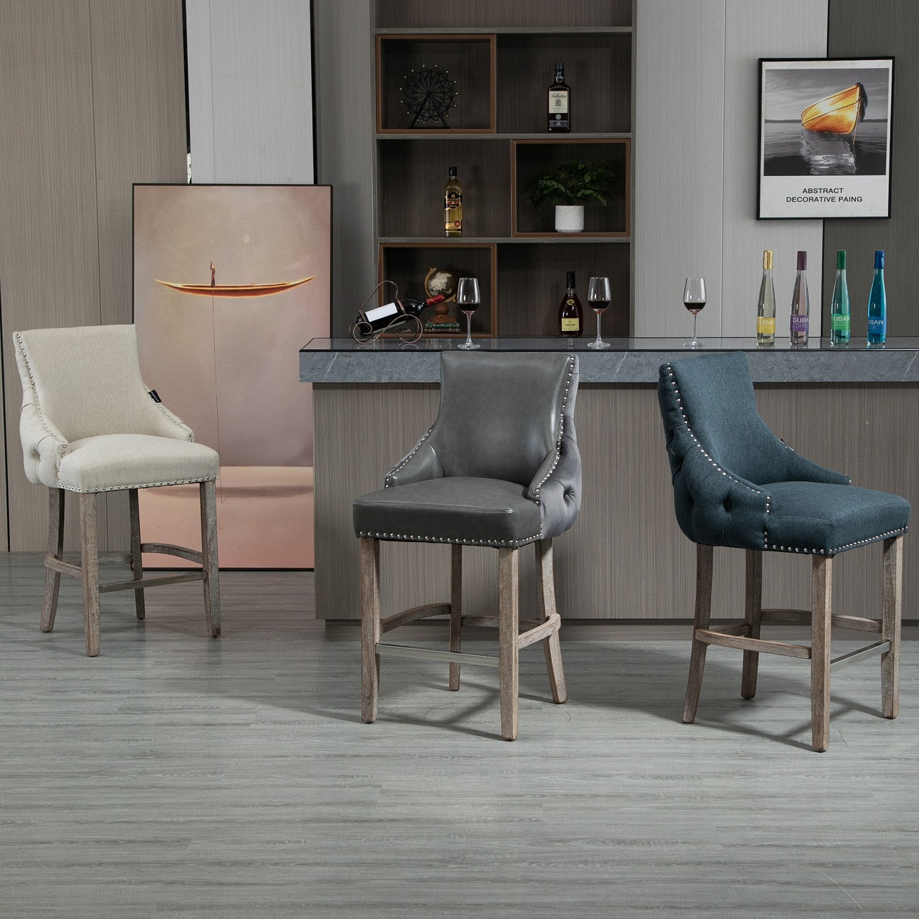 40 in. Gray Velvet+PU Fabric Nailhead Tufted Bar Stool with 4 Solid Wood Legs, Set of 2-Boyel Living