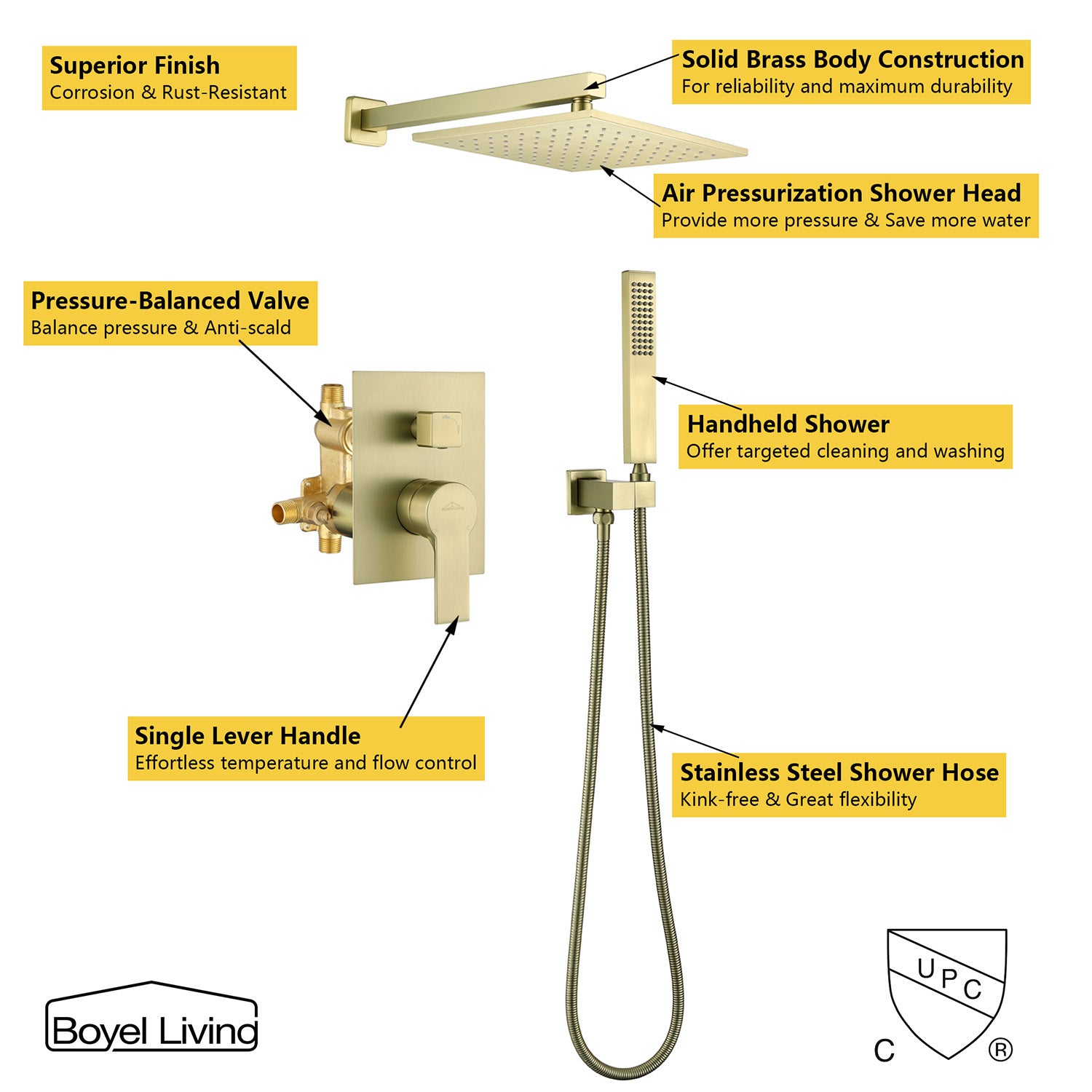 Boyel Living Wall Mounted 10 in. Rainfall Thick Shower Head System with Rough-In Valve Body and Trim in Brushed Gold-Boyel Living