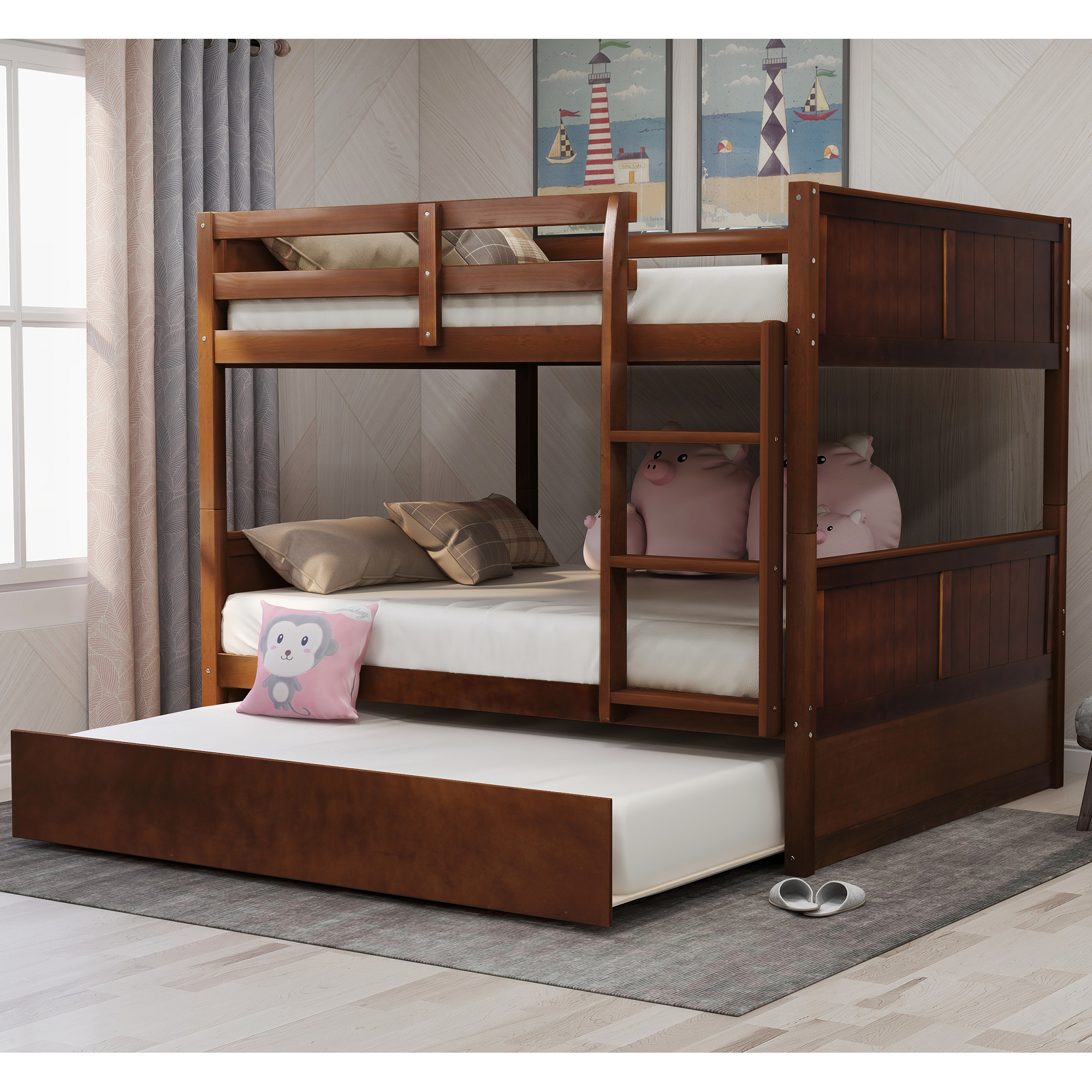 Full Over Full Bunk Bed with Twin Size Trundle, Walnut （ old sku: LP000150AAL)-Boyel Living