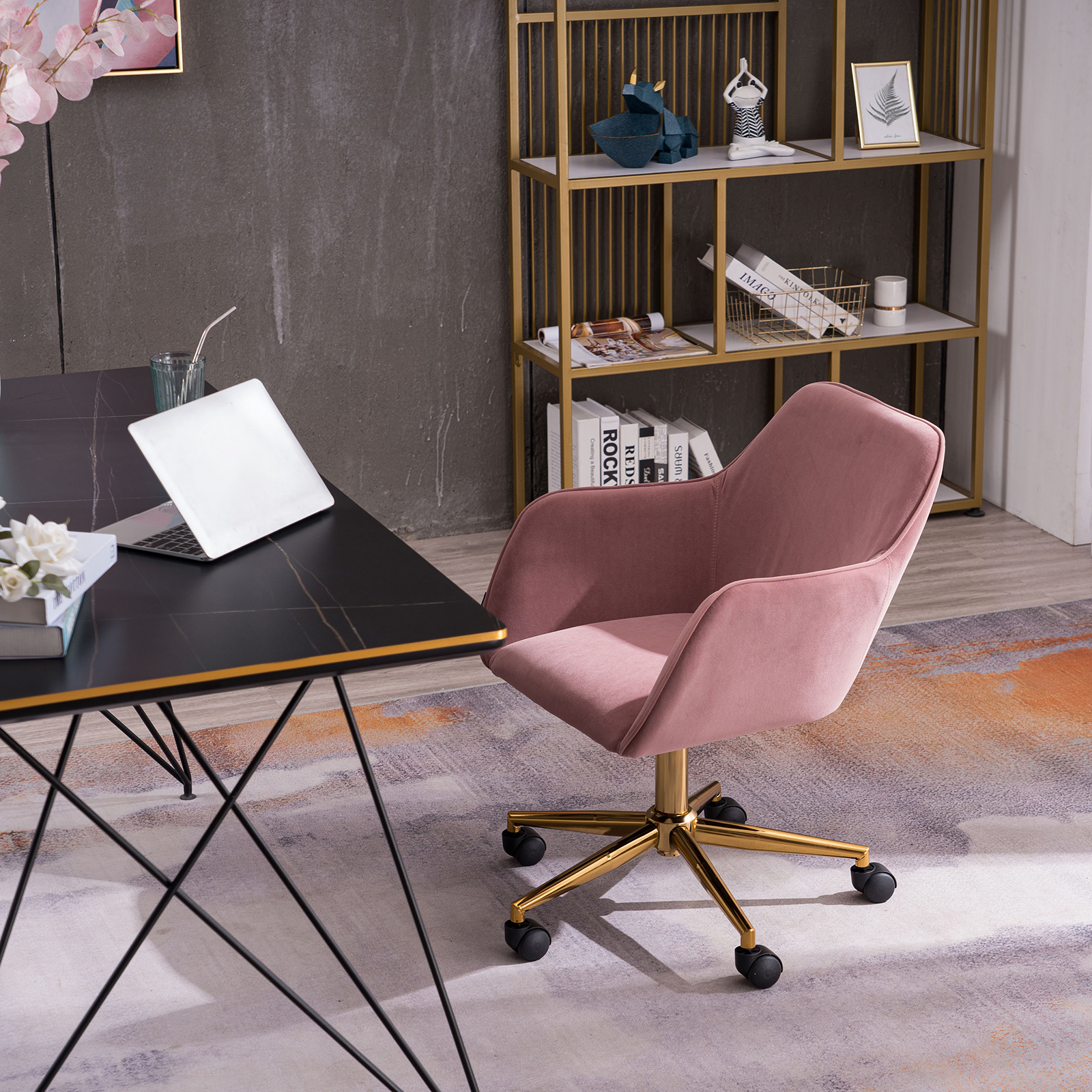 Modern Velvet Pink Material Adjustable Height 360 Revolving Home Office Chair with Gold Metal Legs and Universal Wheel For Indoor-Boyel Living