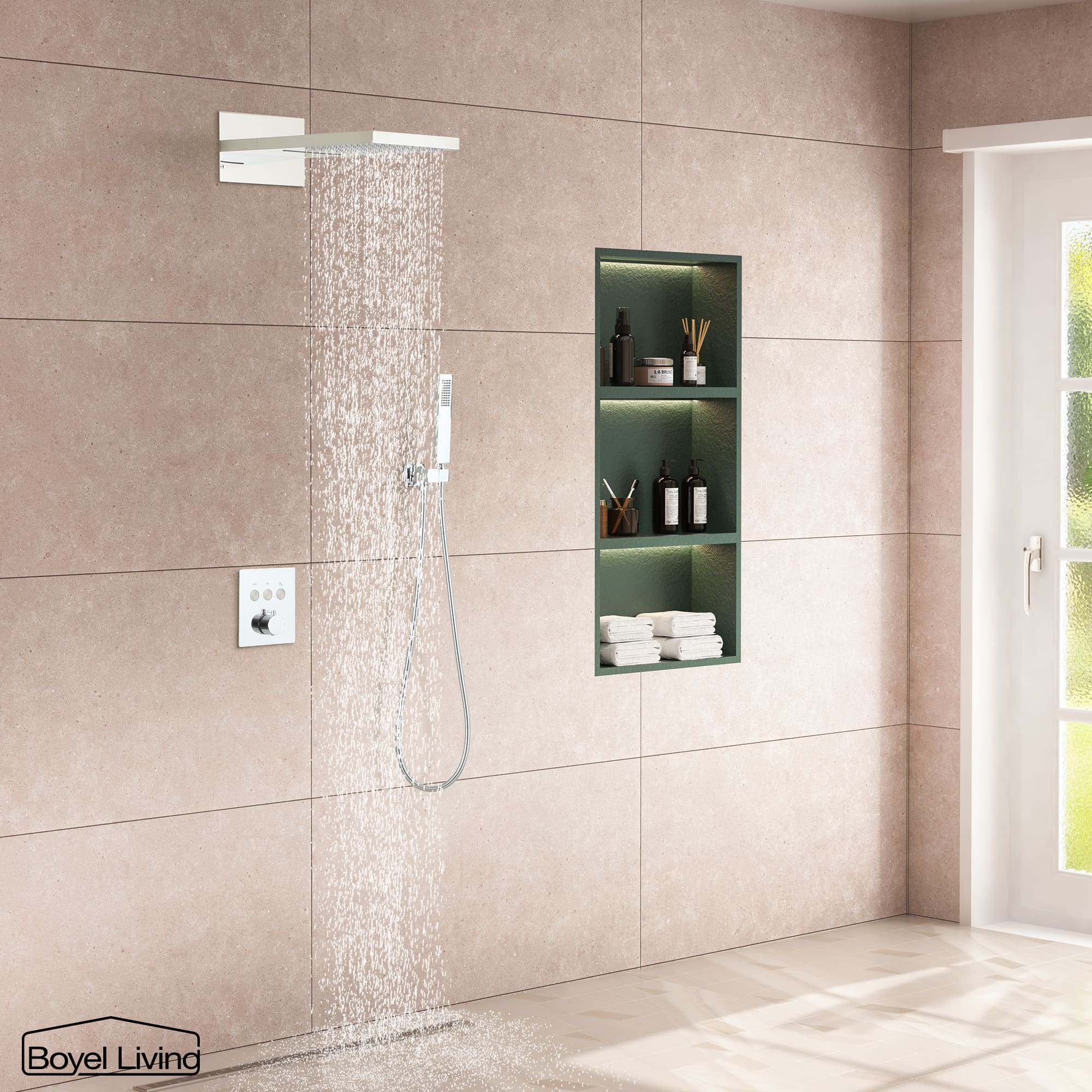 Boyel Living Rainfall & Waterfall 2 GPM 10 in. Wall Mount Dual Shower Heads System with Handheld Shower and Pressure Balance Valve-Boyel Living
