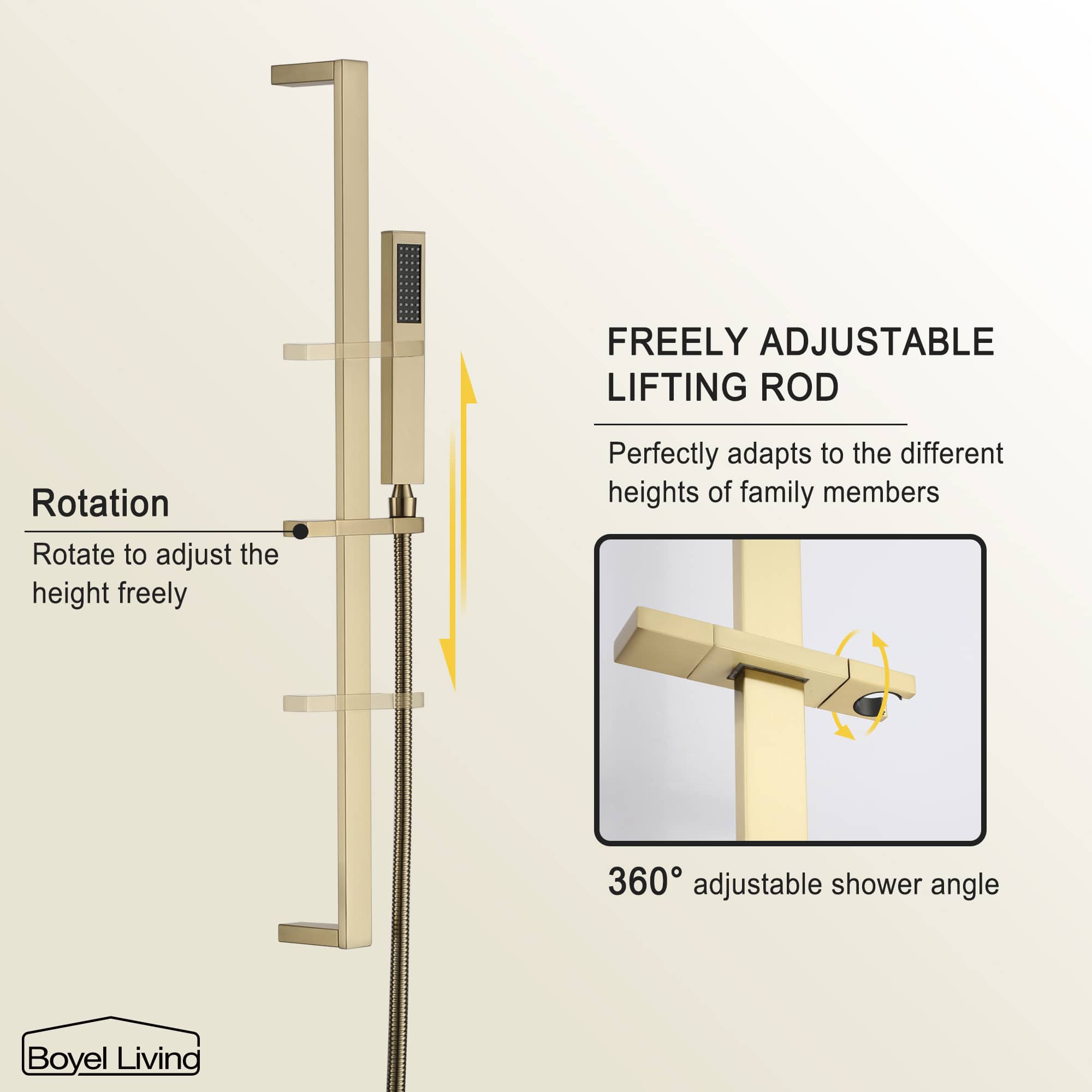 Boyel Living Wall-Mounted 2 GPM Bathroom Shower Faucets Set with Sliding Bar, 10-Inch Square Rainfall Shower Head and Handheld Shower in Brushed Gold-Boyel Living