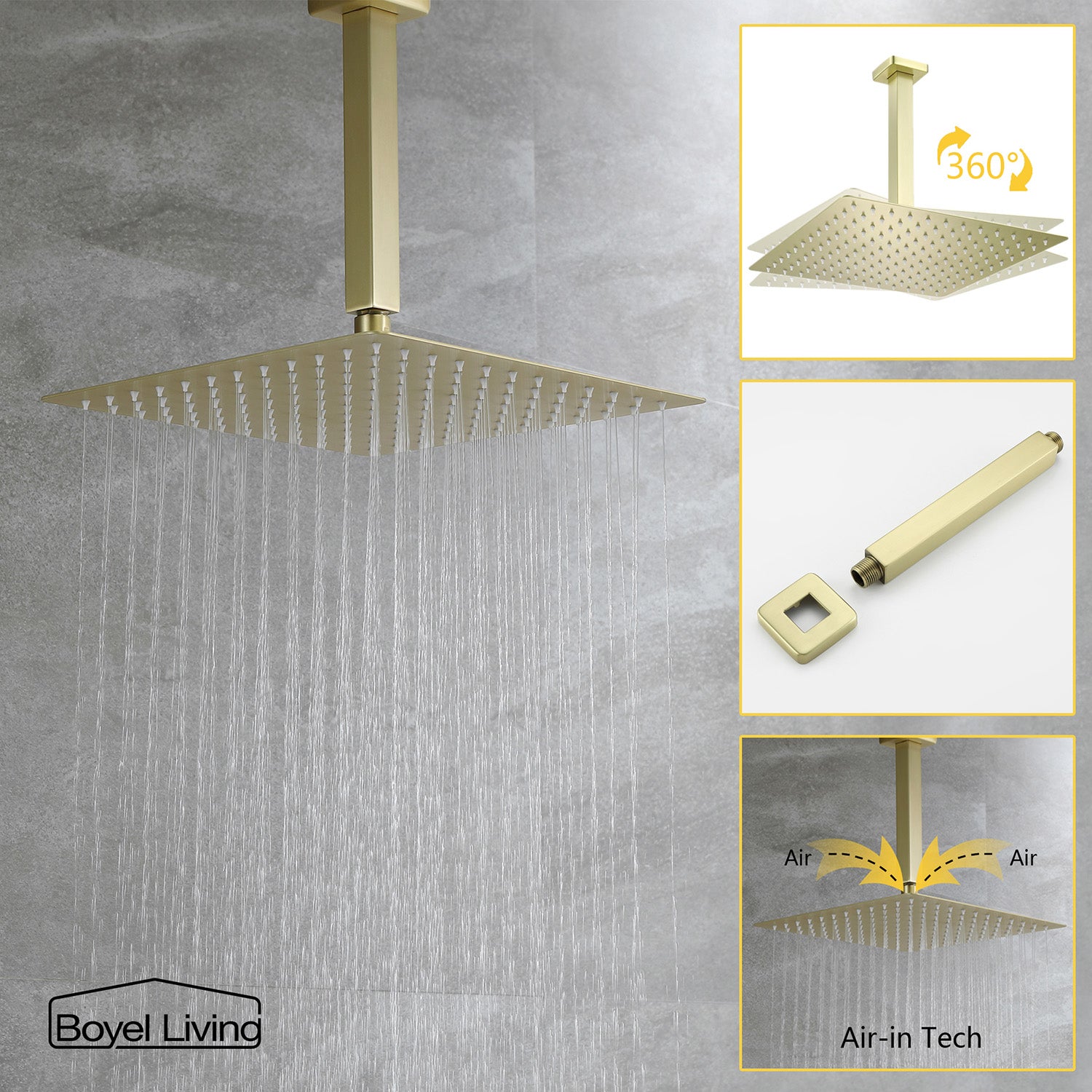 Boyel Living 12 in. Ceiling Mount Dual Shower Heads with Rough-In Valve Body and Trim in Brushed Gold-Boyel Living