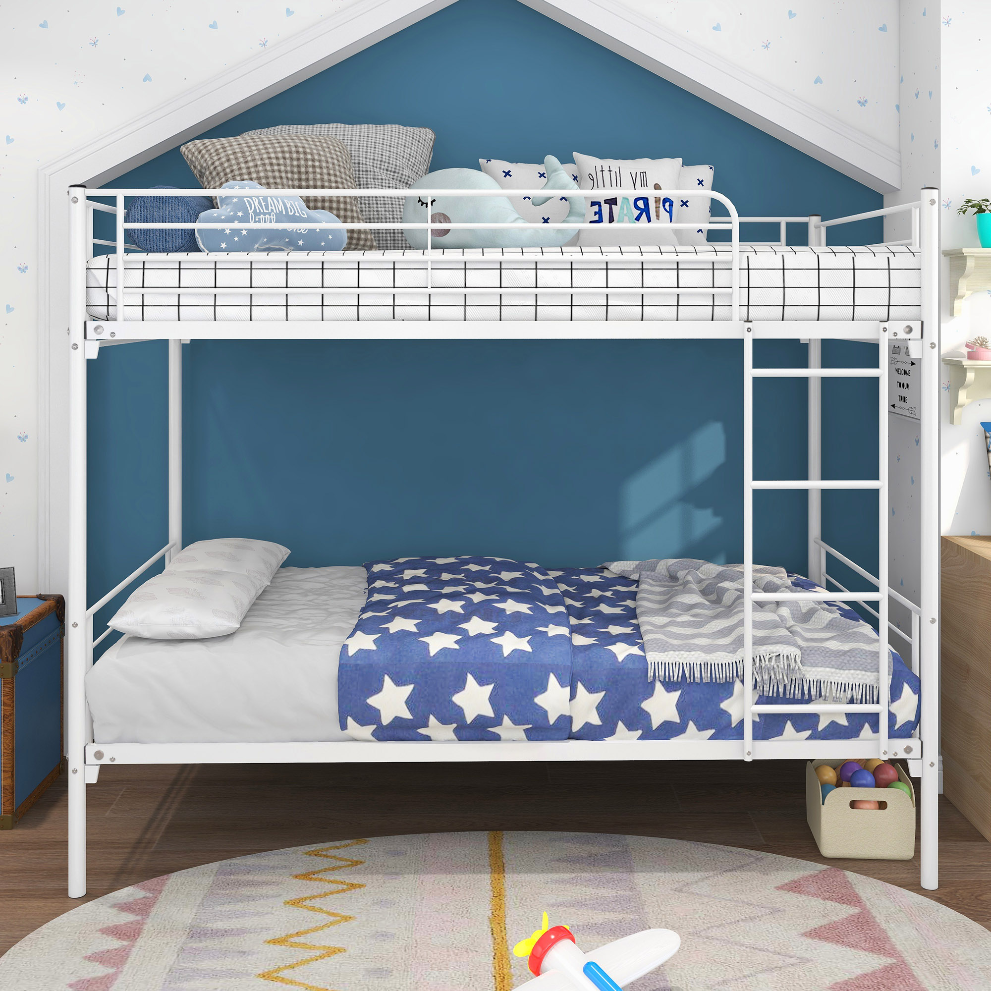 Twin-Over-Twin Bunk Bed with Metal Frame and Ladder, Space-Saving Design,White-Boyel Living