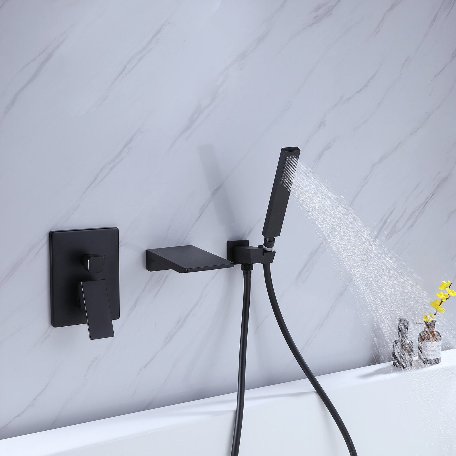 Bathtub Faucet Matte Black, Waterfall Wall Mount Tub Filler Faucet with Handheld Shower Brass, Waterfall Spout High Flow Wall Mount Tub Faucet-Boyel Living