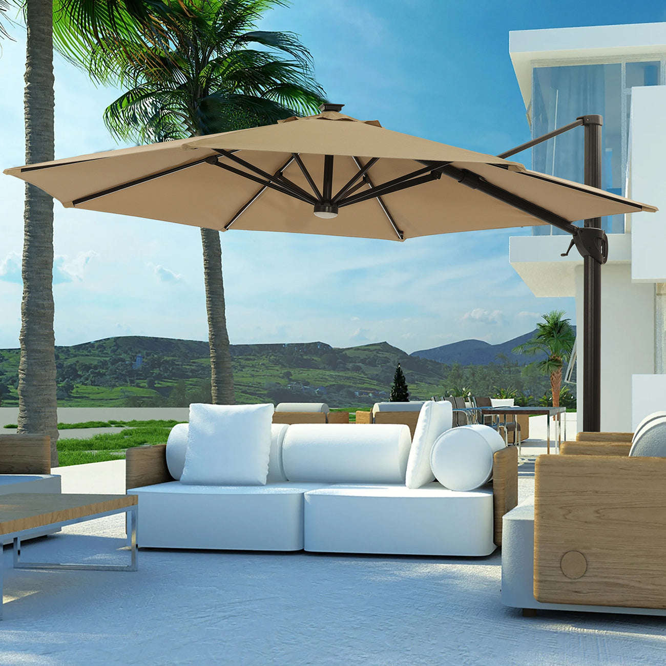 11Ft Solar Tube Light-Emitting Diode Patio Round Umbrella Outdoor Market Hanging Aluminum Umbrella with Crank and Base-Boyel Living