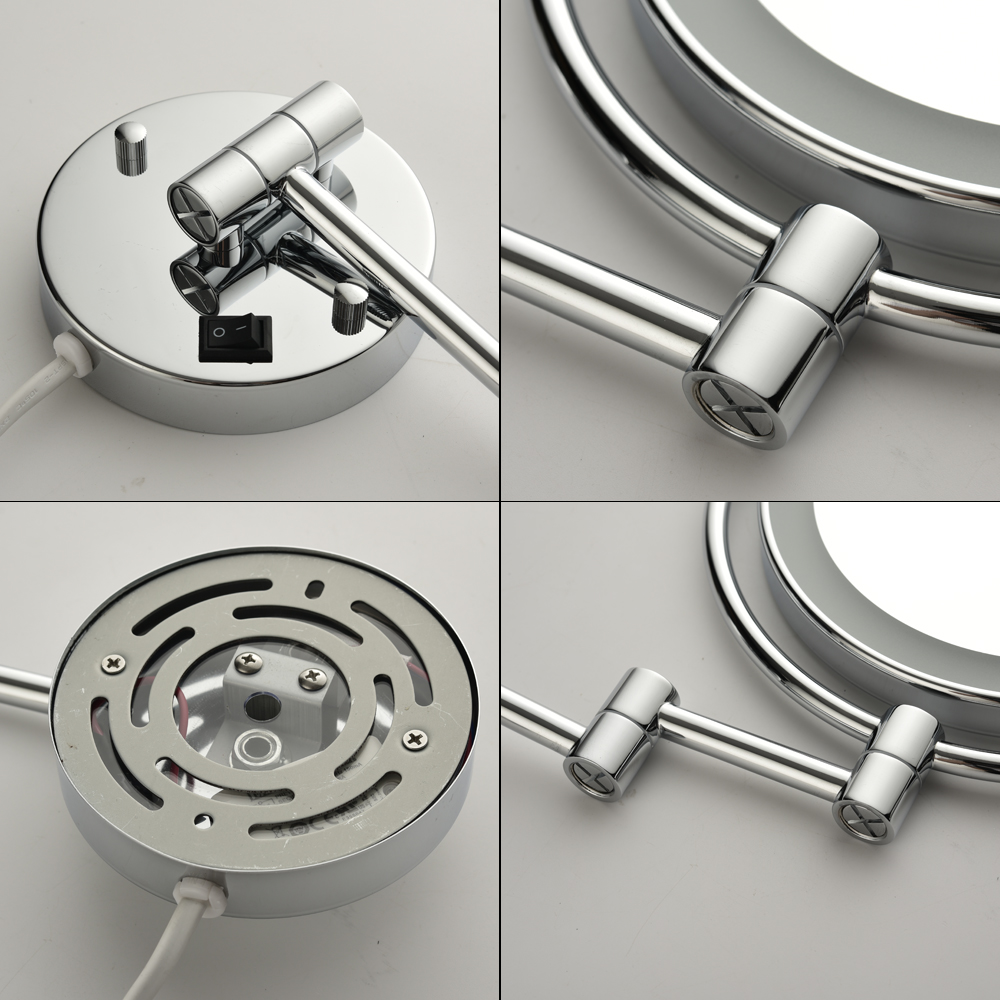  8 Inch Led Wall Mount Two-Sided Magnifying Makeup Vanity Mirror 12 Inch Extension Matte Black 1X/3X Magnification Plug 360 Degree Rotation Waterproof Button Shaving Mirror