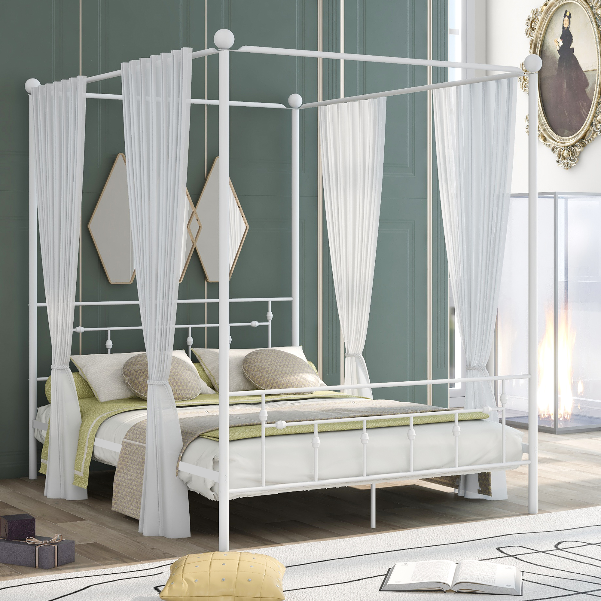 Queen Size Metal Canopy Platform bed with Headboard, White-Boyel Living