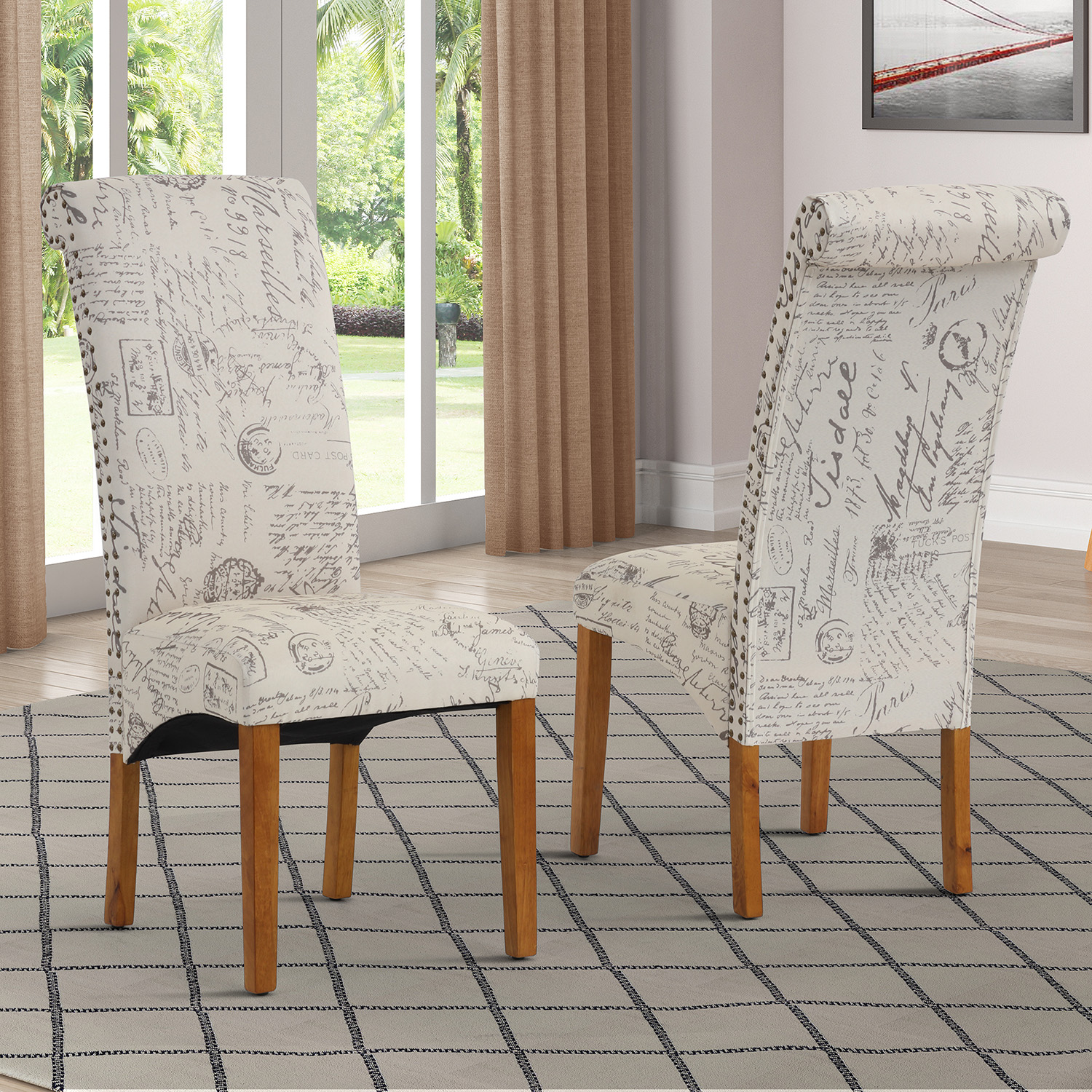 Chairs, Set of 2 Uphostered Kitchen Dining Chairs w/Wood Legs, Padded Seat, Linen Fabric, Nails, Dining Chairs, Ideal for Dining Room, Kitchen, Living Room-Boyel Living