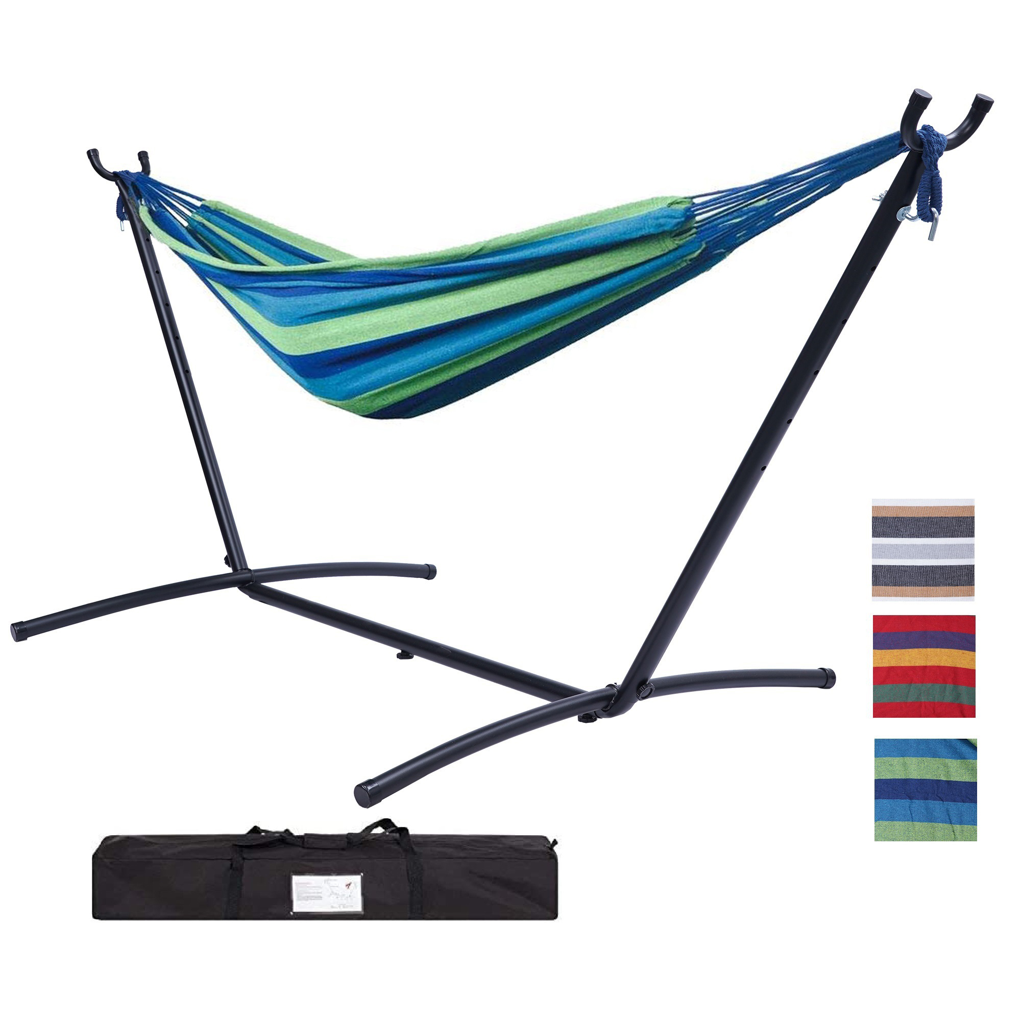 Double Classic Hammock with Stand for 2 Person- Indoor or Outdoor Use-with Carrying Pouch-Powder-coated Steel Frame - Durable 450 Pound Capacity，Blue/Green Striped-Boyel Living