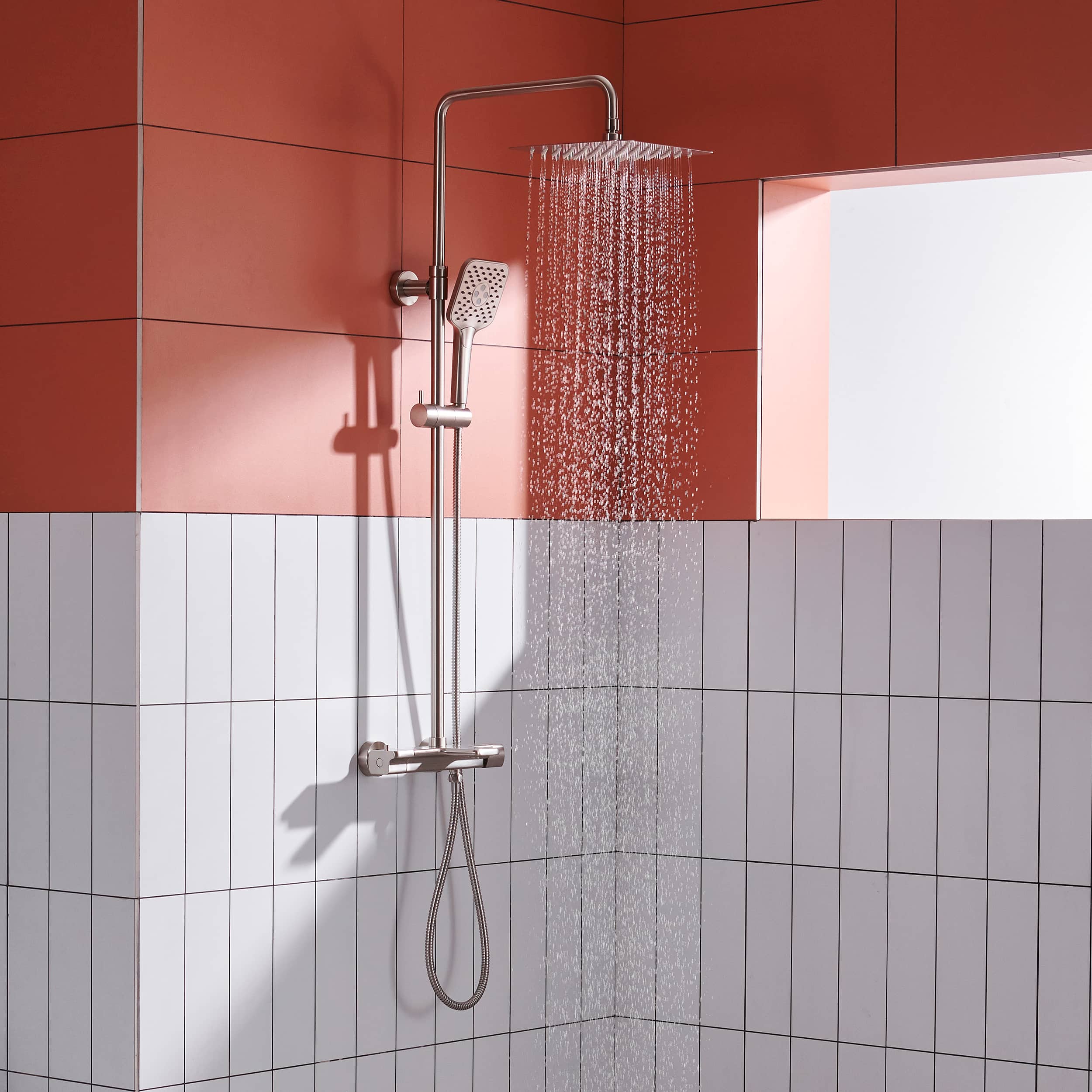 10 in. Wall Mount Thermostatic Rain Shower System with Handheld Shower and Tub Spout in Brushed Nickel-Boyel Living